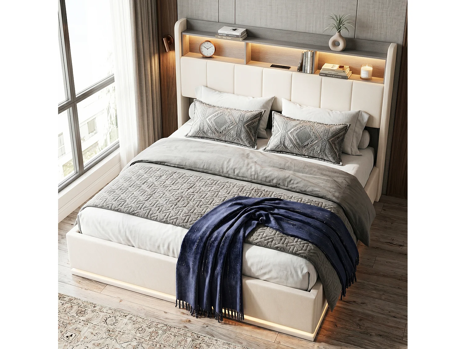 DreamMespace Lit Double 160x200 cm Queen Size - Lit Coffre Hydraulique avec Tête de Lit Rangement LED & Prise AC USB-C, Velours Blanc