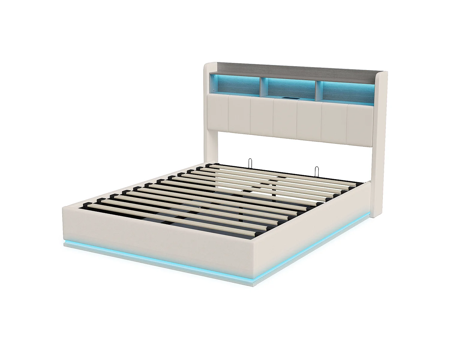 DreamMespace Lit Double 160x200 cm Queen Size - Lit Coffre Hydraulique avec Tête de Lit Rangement LED & Prise AC USB-C, Velours Blanc