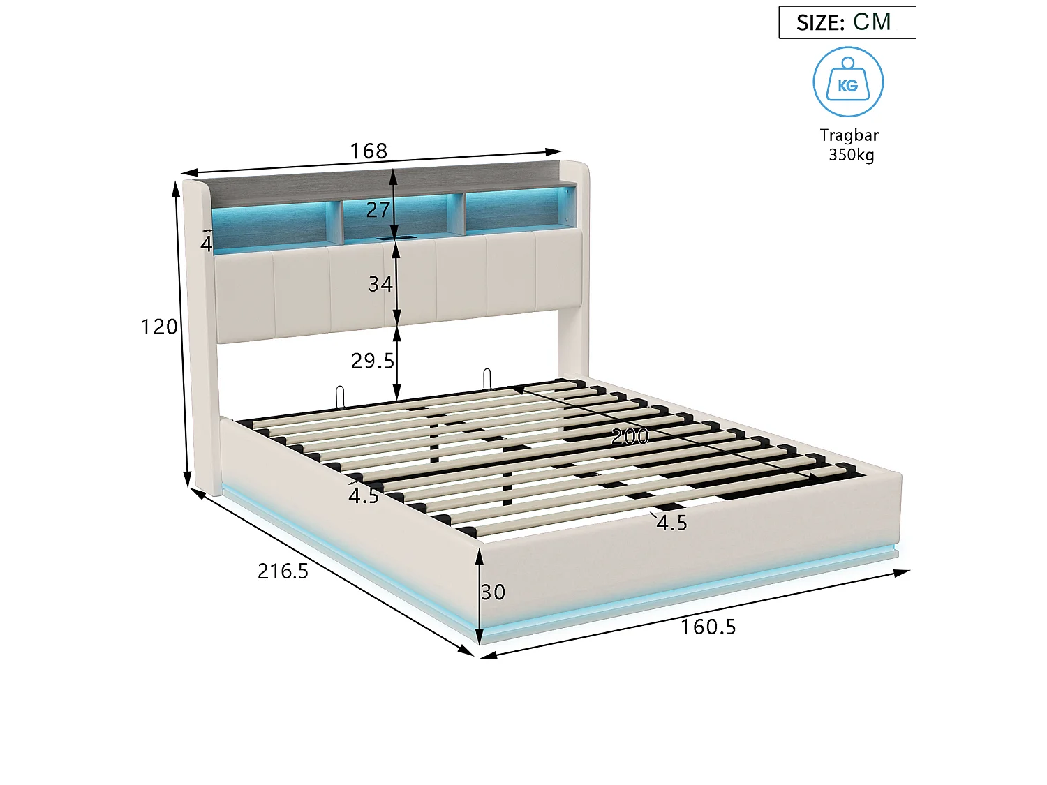 DreamMespace Lit Double 160x200 cm Queen Size - Lit Coffre Hydraulique avec Tête de Lit Rangement LED & Prise AC USB-C, Velours Blanc