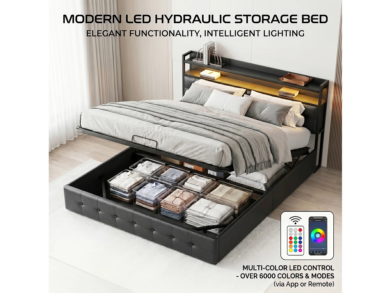 DreamMespace Lit Coffre 140x200 cm - Lit Double Hydraulique avec Tête de Lit Étagère LED & USB-C, Similicuir Noir