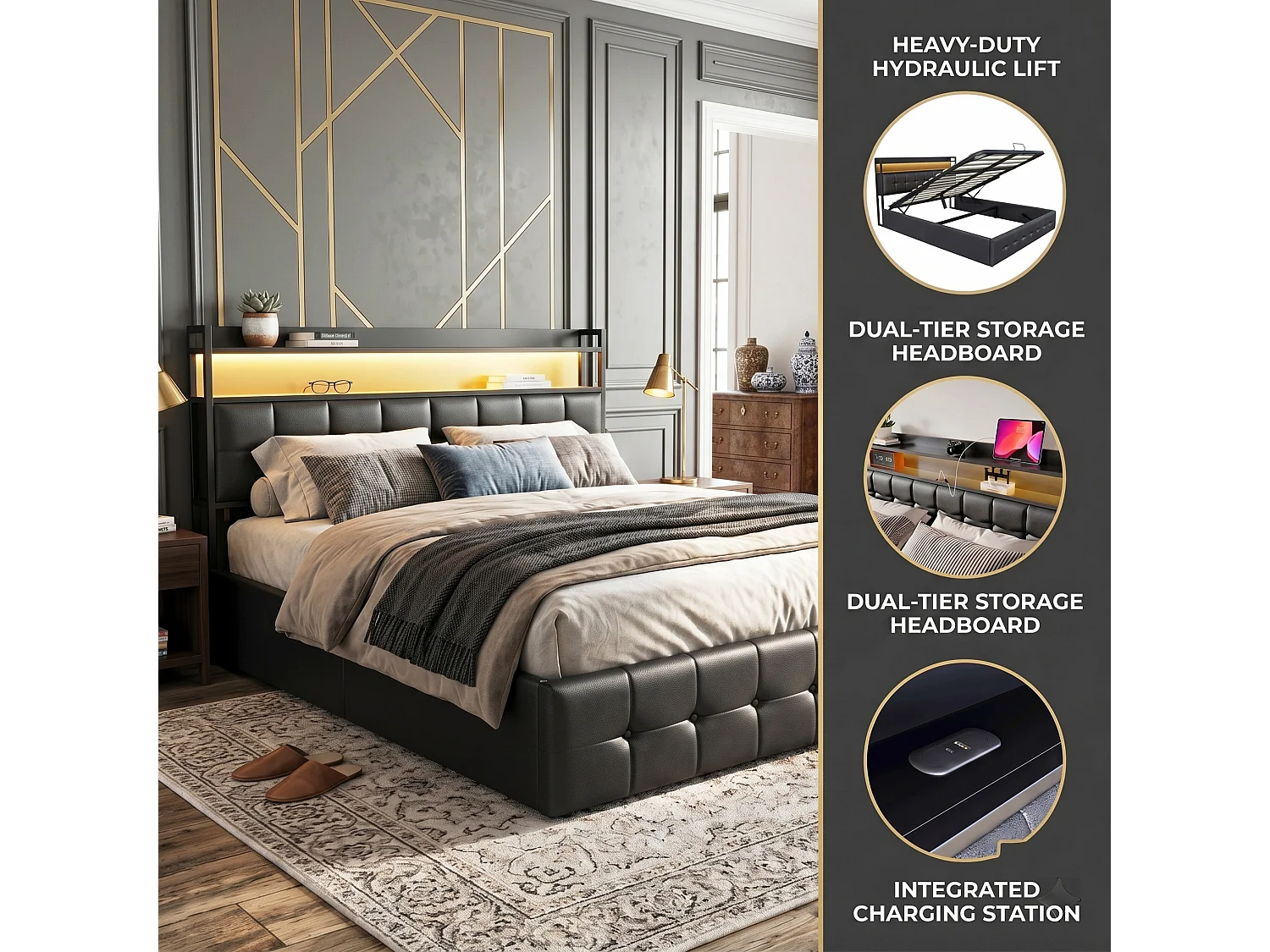 DreamMespace Lit Coffre 140x200 cm - Lit Double Hydraulique avec Tête de Lit Étagère LED & USB-C, Similicuir Noir