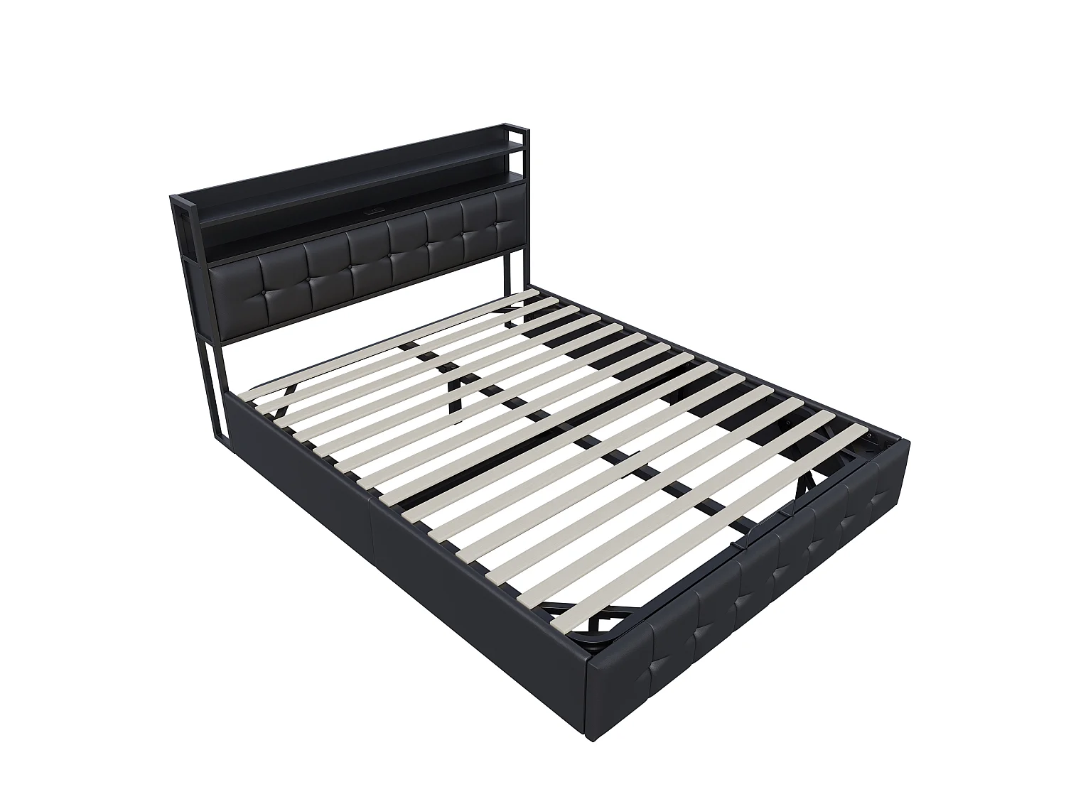 DreamMespace Lit Coffre 140x200 cm - Lit Double Hydraulique avec Tête de Lit Étagère LED & USB-C, Similicuir Noir