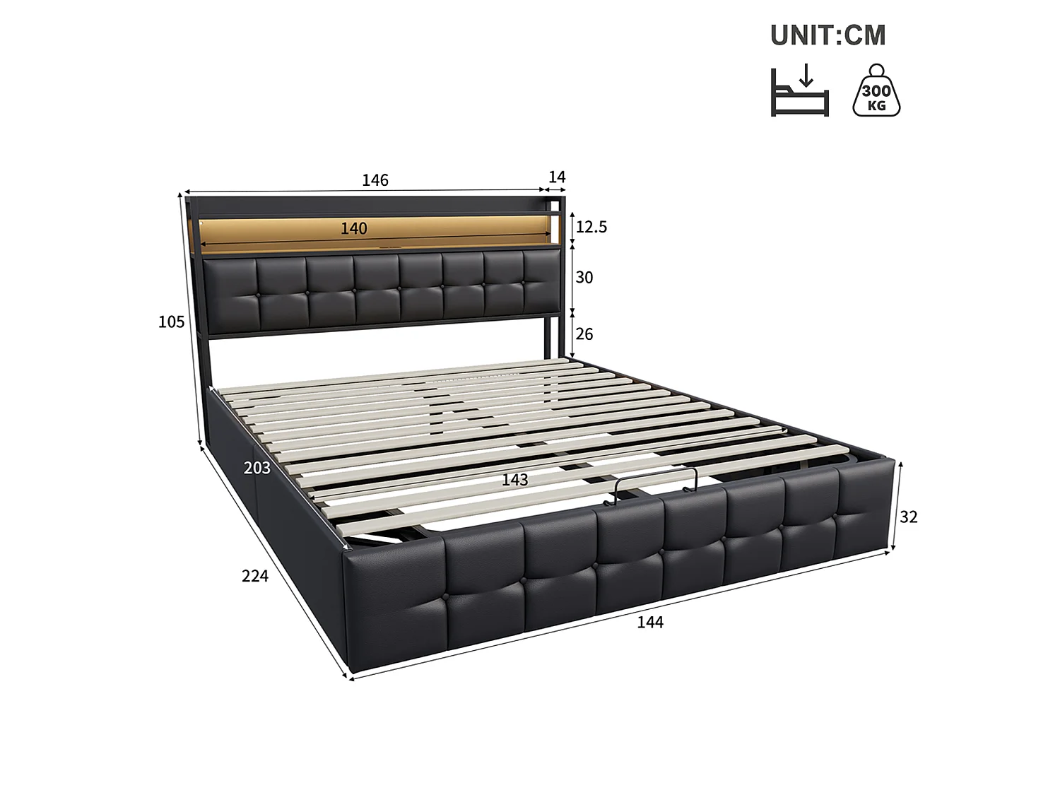 DreamMespace Lit Coffre 140x200 cm - Lit Double Hydraulique avec Tête de Lit Étagère LED & USB-C, Similicuir Noir