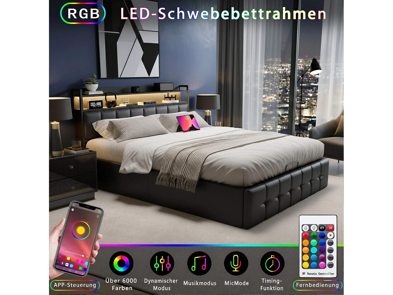 DreamMespace Lit Coffre 140x190 cm - Lit Double Hydraulique avec Tête de Lit Étagère LED & USB-C, Similicuir Noir