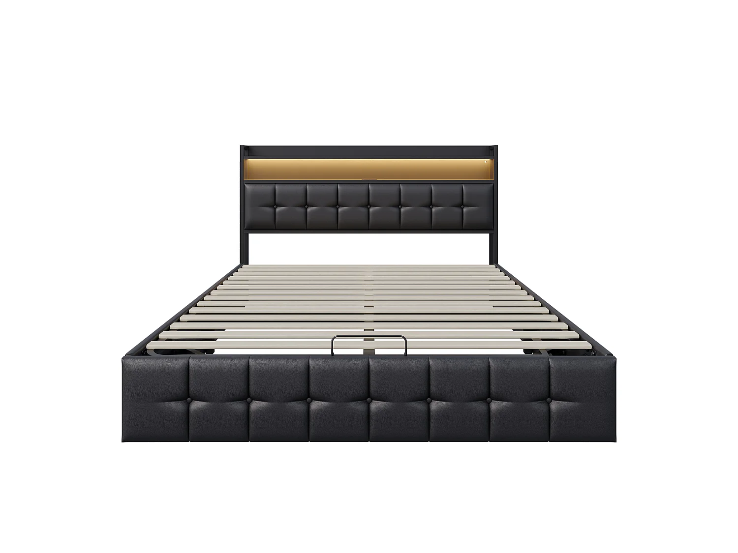 DreamMespace Lit Coffre 140x190 cm - Lit Double Hydraulique avec Tête de Lit Étagère LED & USB-C, Similicuir Noir