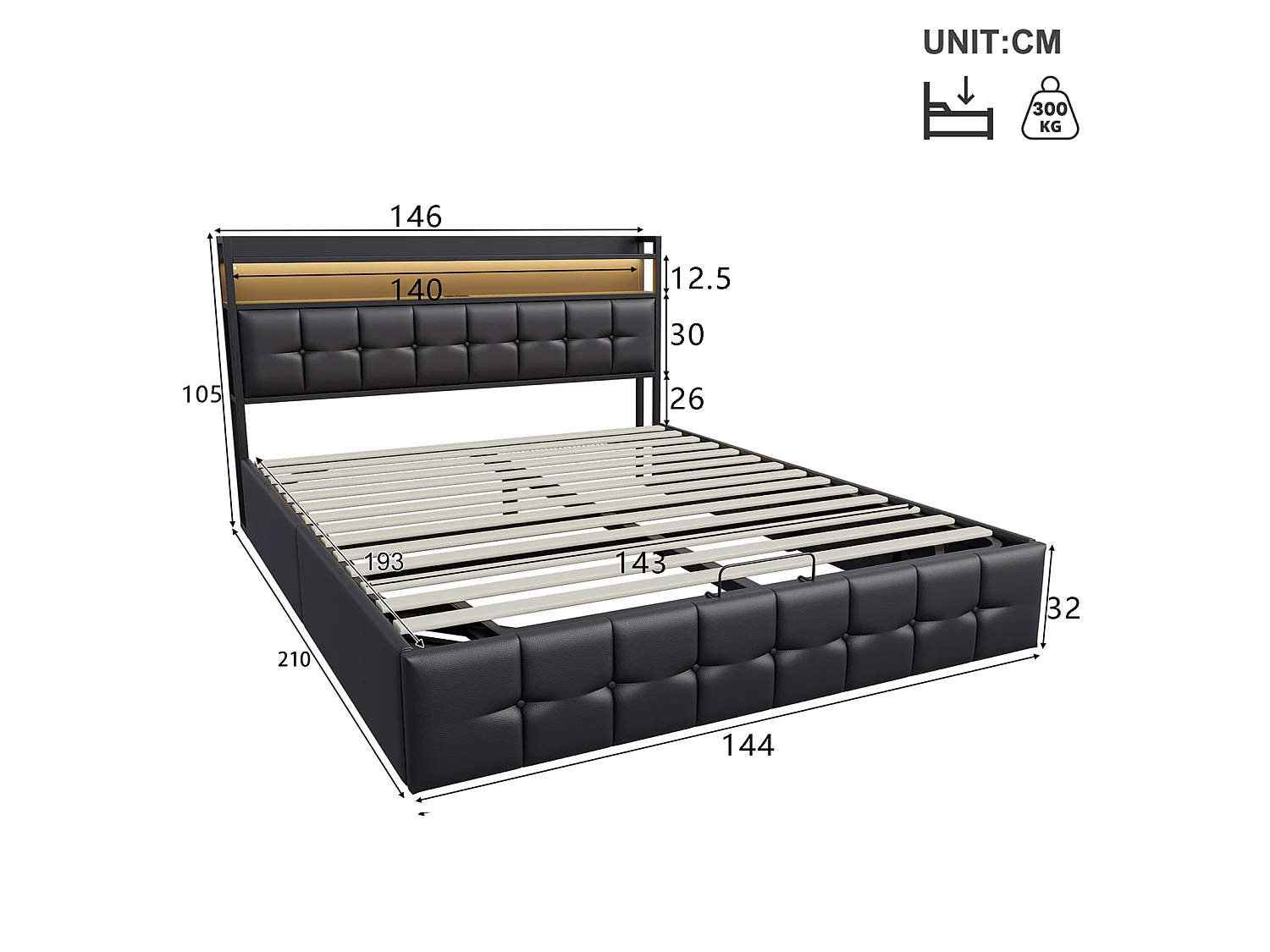 DreamMespace Lit Coffre 140x190 cm - Lit Double Hydraulique avec Tête de Lit Étagère LED & USB-C, Similicuir Noir