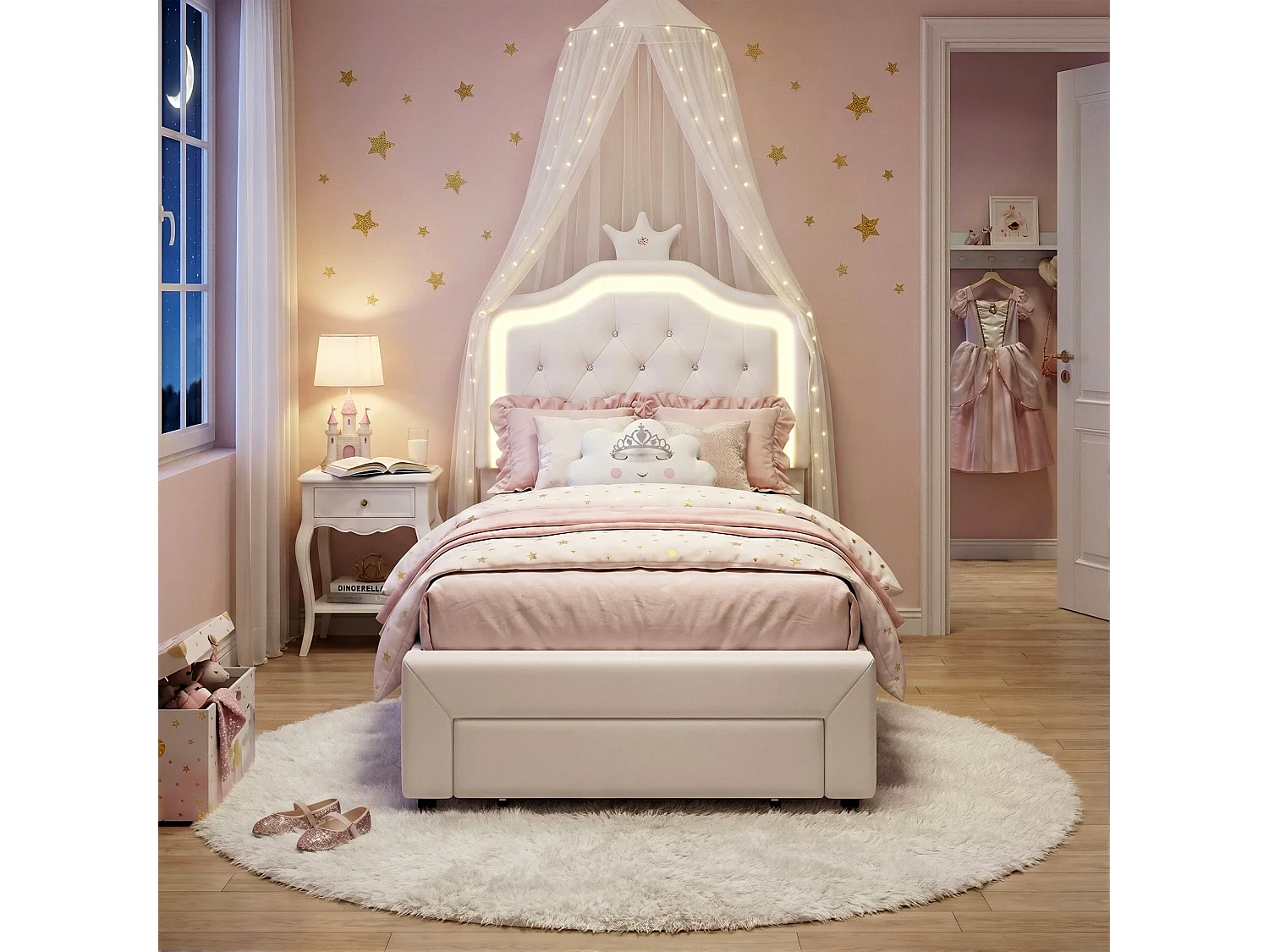 DreamMespace Lit Rembourré 90x200 cm - Lit Enfant Couronne LED RGB & Tiroir de Rangement, Simili Cuir Blanc