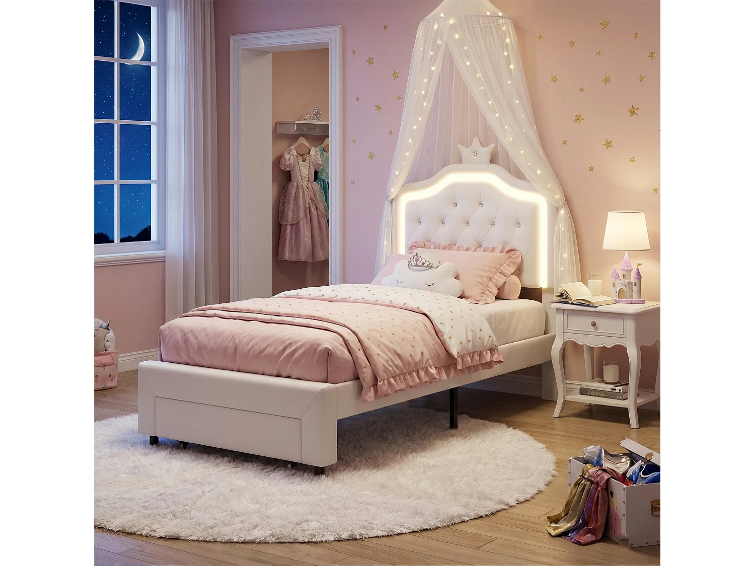 DreamMespace Lit Rembourré 90x200 cm - Lit Enfant Couronne LED RGB & Tiroir de Rangement, Simili Cuir Blanc