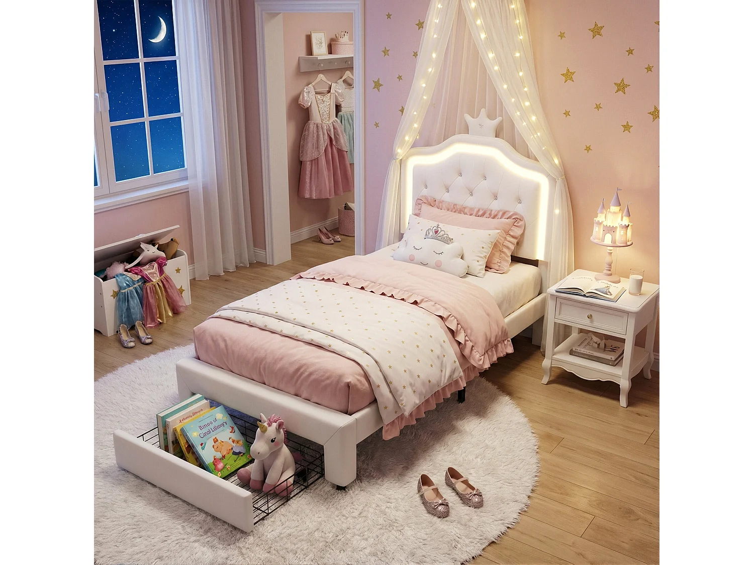 DreamMespace Lit Rembourré 90x200 cm - Lit Enfant Couronne LED RGB & Tiroir de Rangement, Simili Cuir Blanc