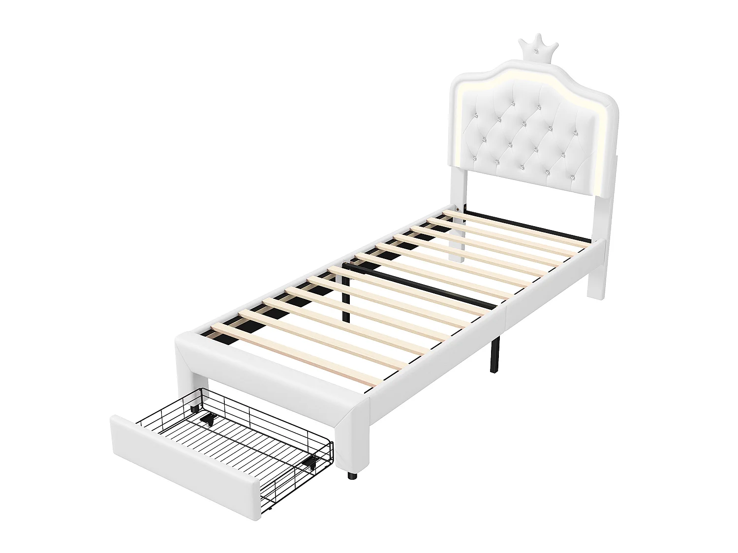 DreamMespace Lit Rembourré 90x200 cm - Lit Enfant Couronne LED RGB & Tiroir de Rangement, Simili Cuir Blanc