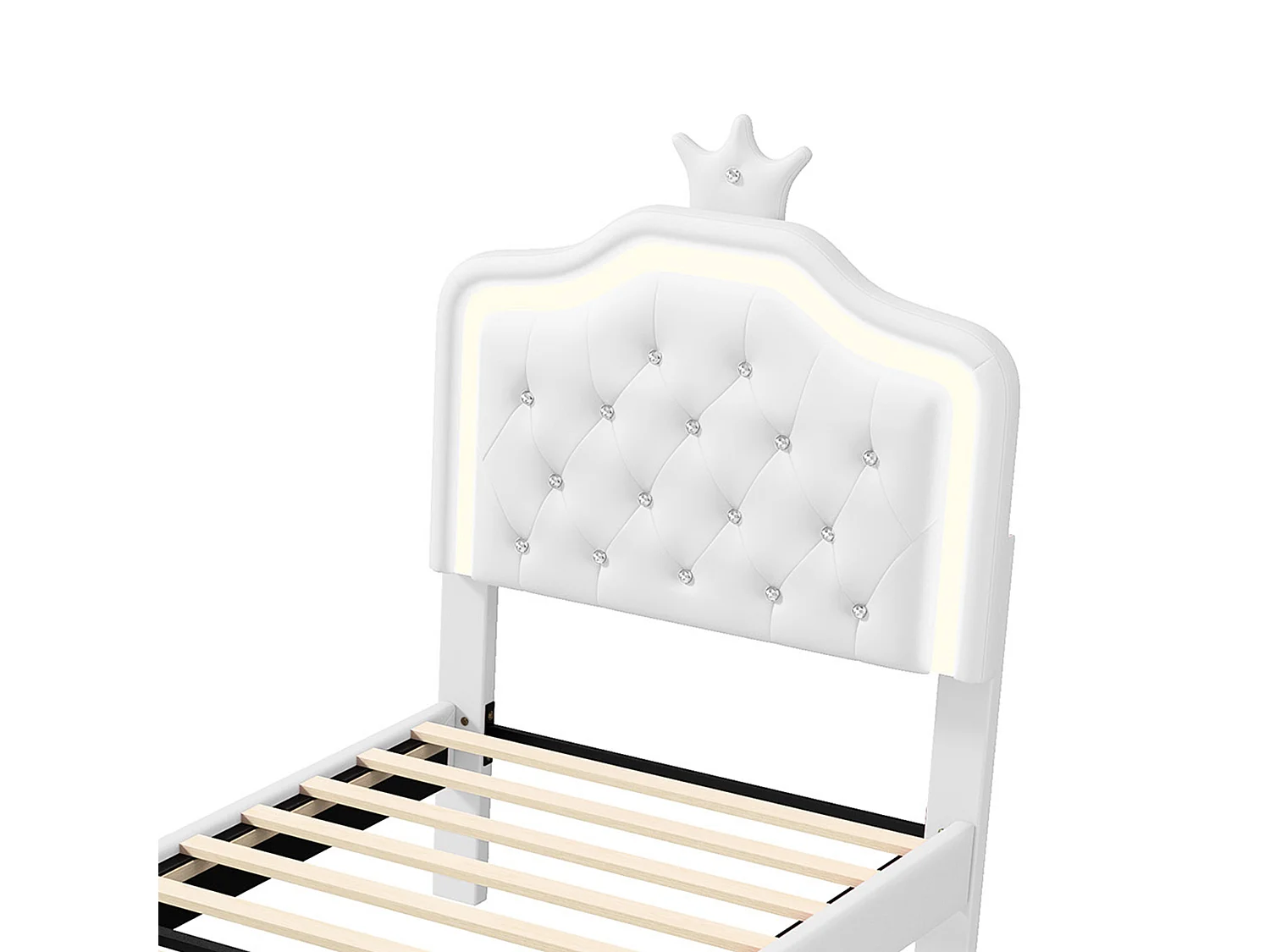 DreamMespace Lit Rembourré 90x200 cm - Lit Enfant Couronne LED RGB & Tiroir de Rangement, Simili Cuir Blanc