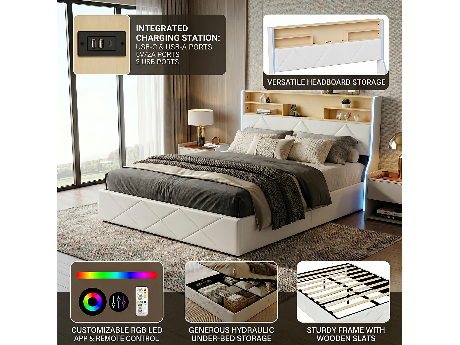 DreamMespace Lit Coffre 160x200 cm - Rangement Hydraulique avec Tête de Lit Port USB Type-C & LED, Similicuir Blanc