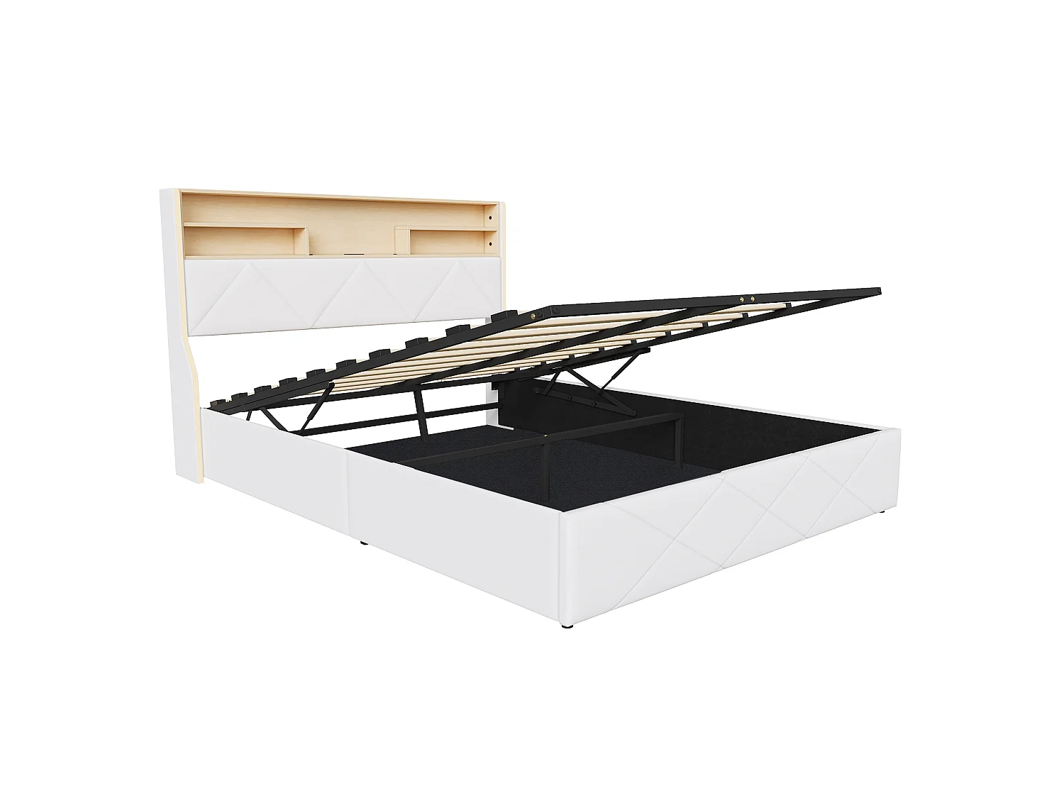 DreamMespace Lit Coffre 160x200 cm - Rangement Hydraulique avec Tête de Lit Port USB Type-C & LED, Similicuir Blanc