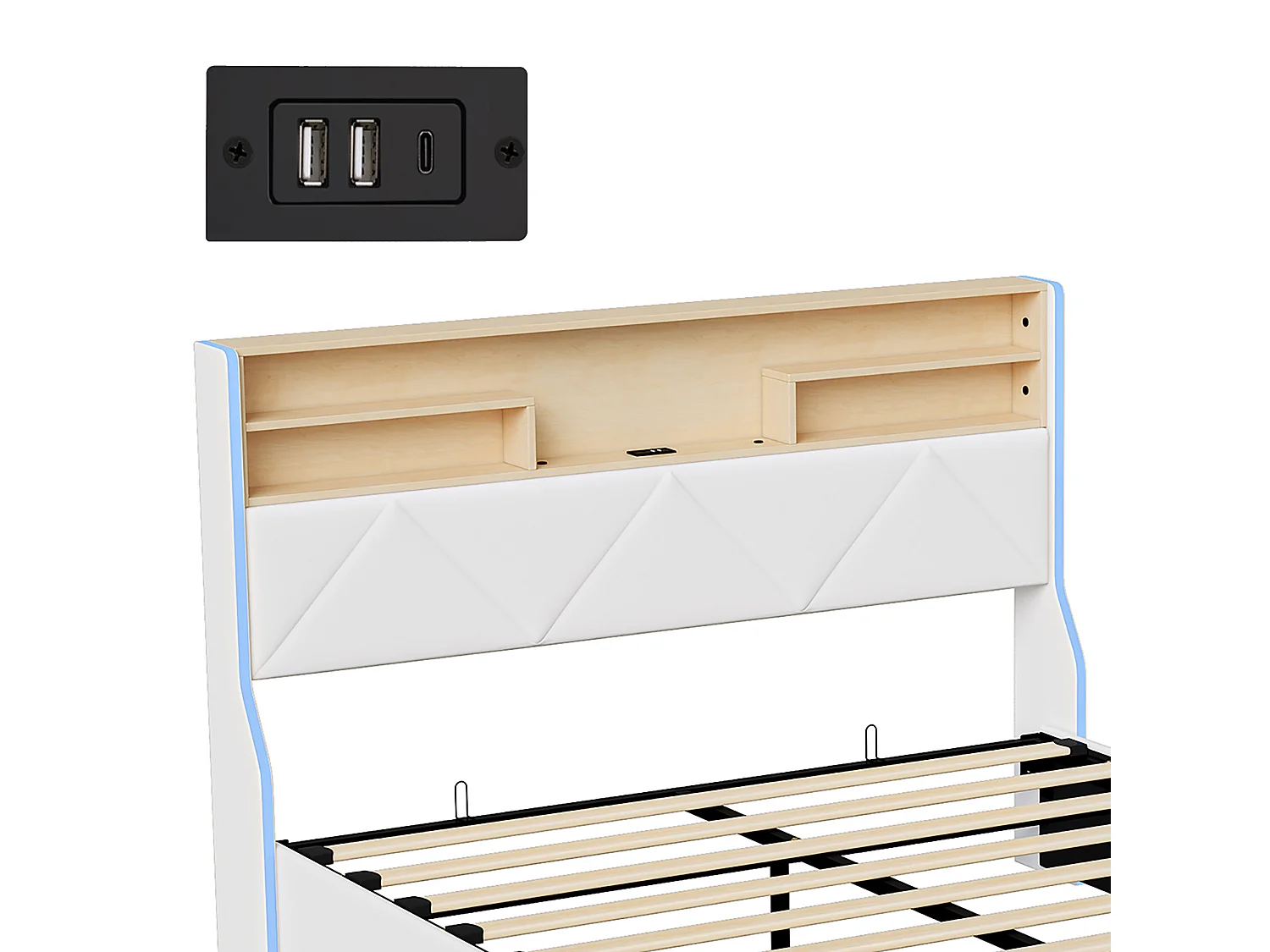 DreamMespace Lit Coffre 160x200 cm - Rangement Hydraulique avec Tête de Lit Port USB Type-C & LED, Similicuir Blanc