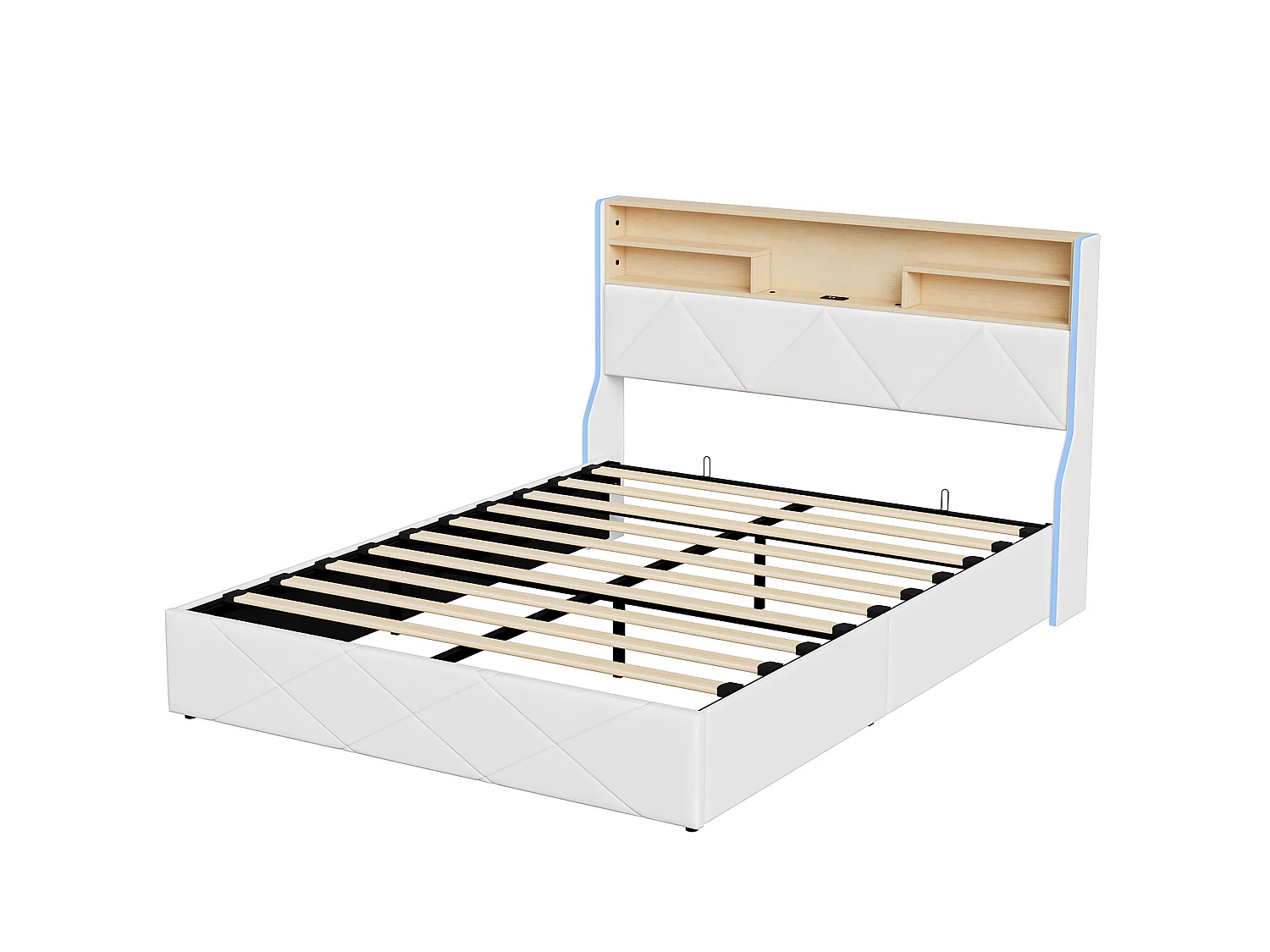 DreamMespace Lit Coffre 160x200 cm - Rangement Hydraulique avec Tête de Lit Port USB Type-C & LED, Similicuir Blanc