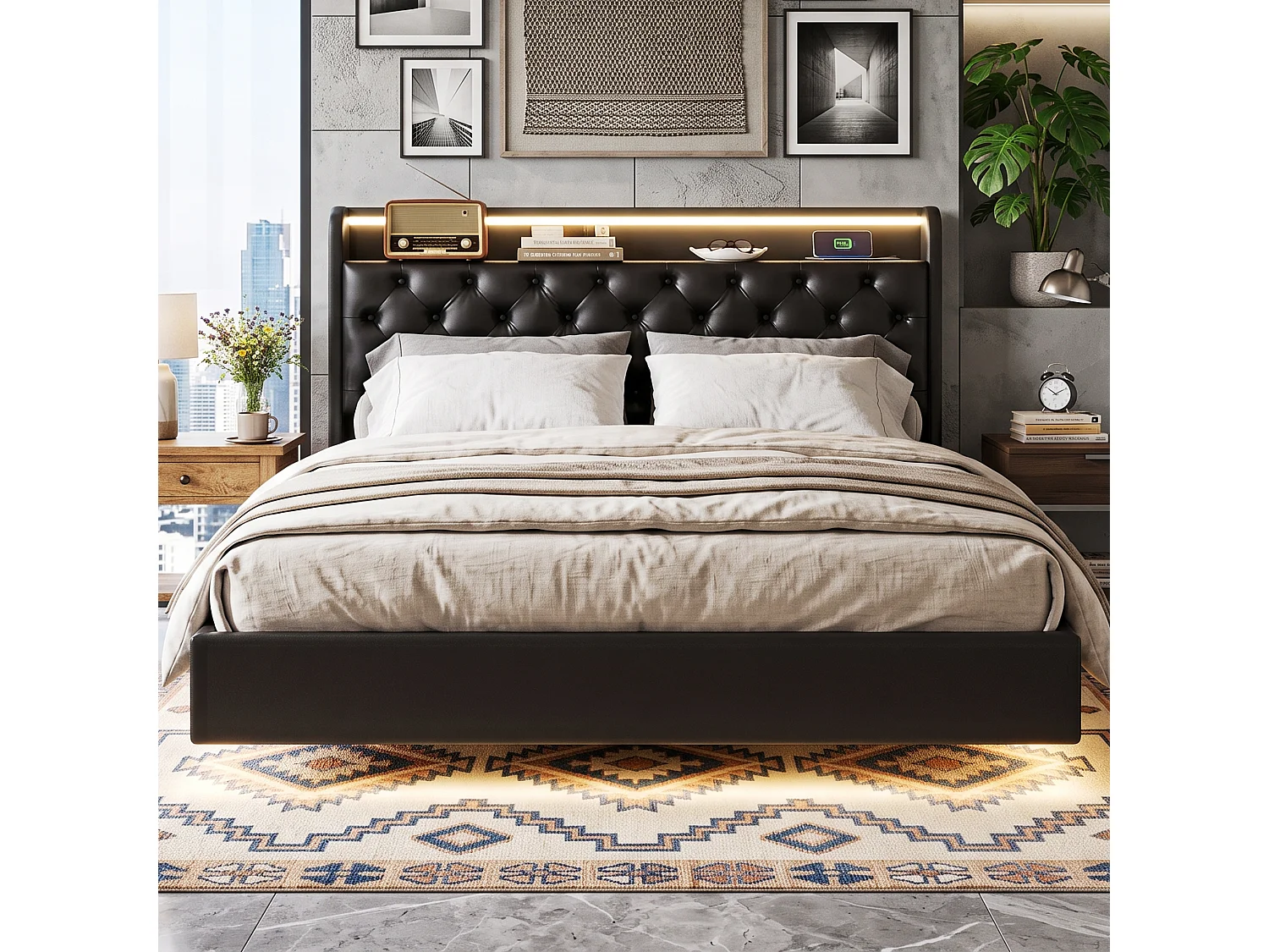 DreamMespace Lit Flottant Coffre 160x200 cm Queen Size - Lit Double avec Tête Rabattable LED & USB-C, Similicuir Noir