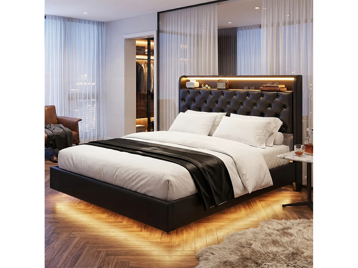 DreamMespace Lit Flottant Coffre 160x200 cm Queen Size - Lit Double avec Tête Rabattable LED & USB-C, Similicuir Noir