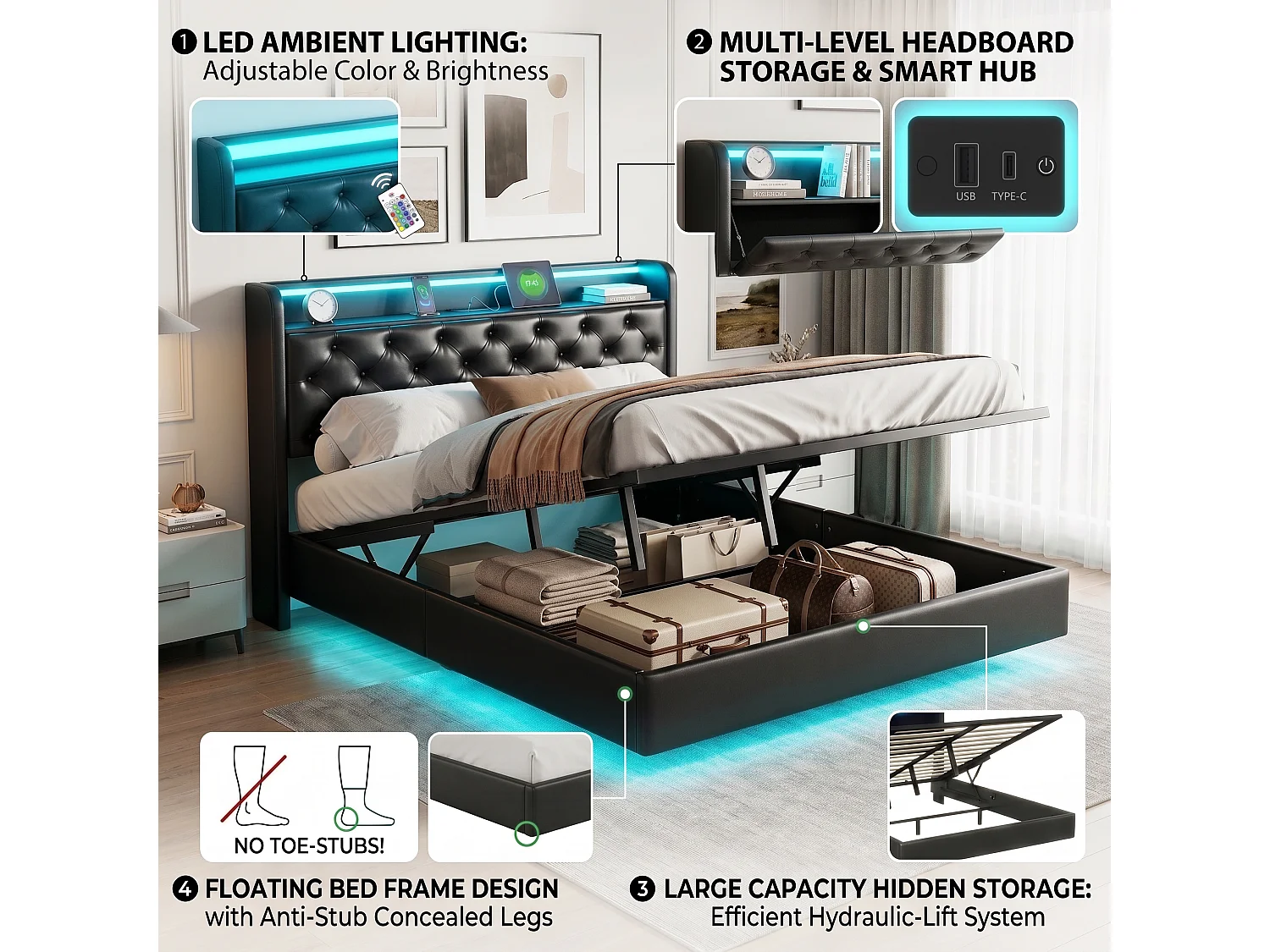 DreamMespace Lit Flottant Coffre 160x200 cm Queen Size - Lit Double avec Tête Rabattable LED & USB-C, Similicuir Noir