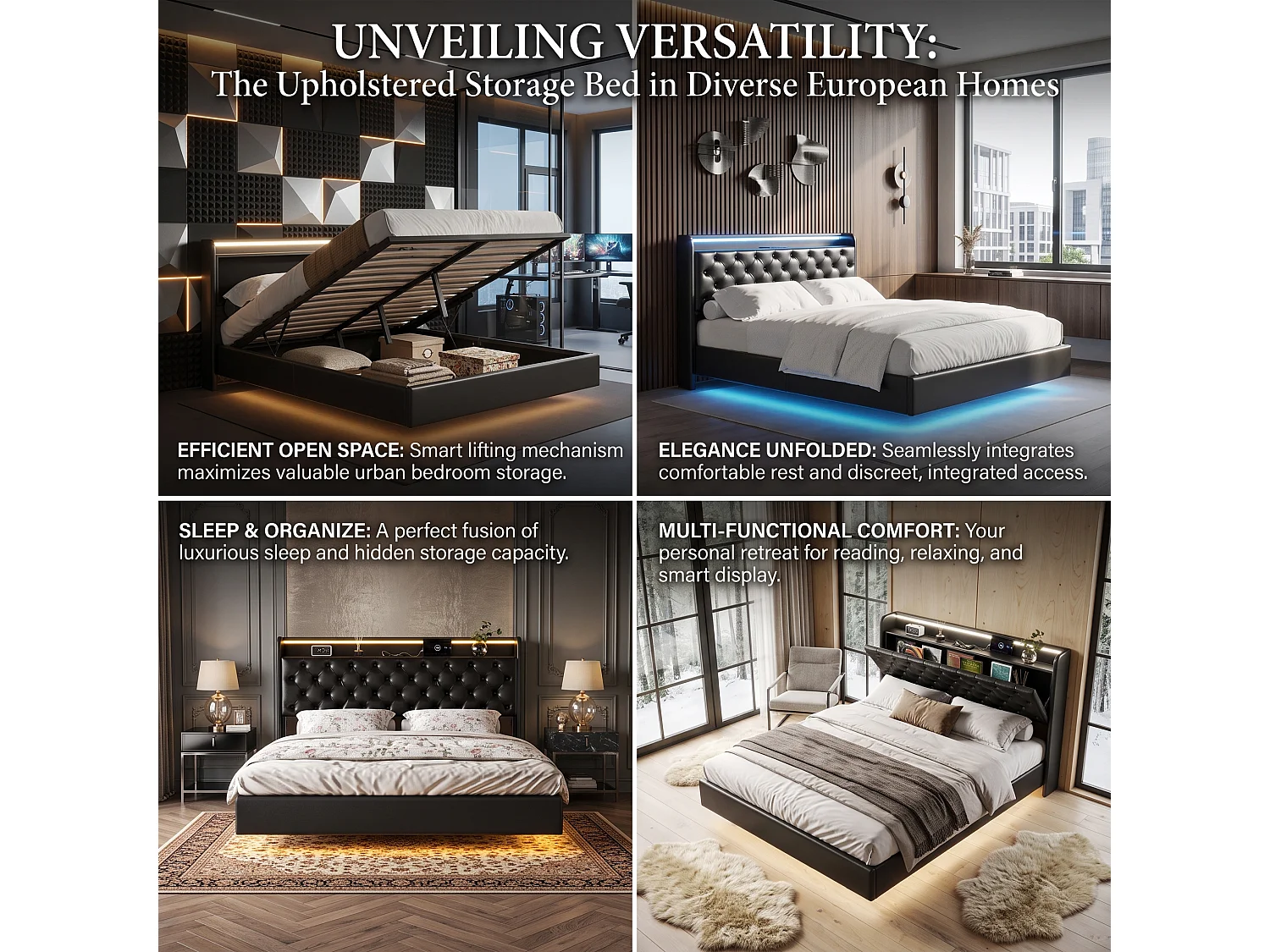 DreamMespace Lit Flottant Coffre 160x200 cm Queen Size - Lit Double avec Tête Rabattable LED & USB-C, Similicuir Noir