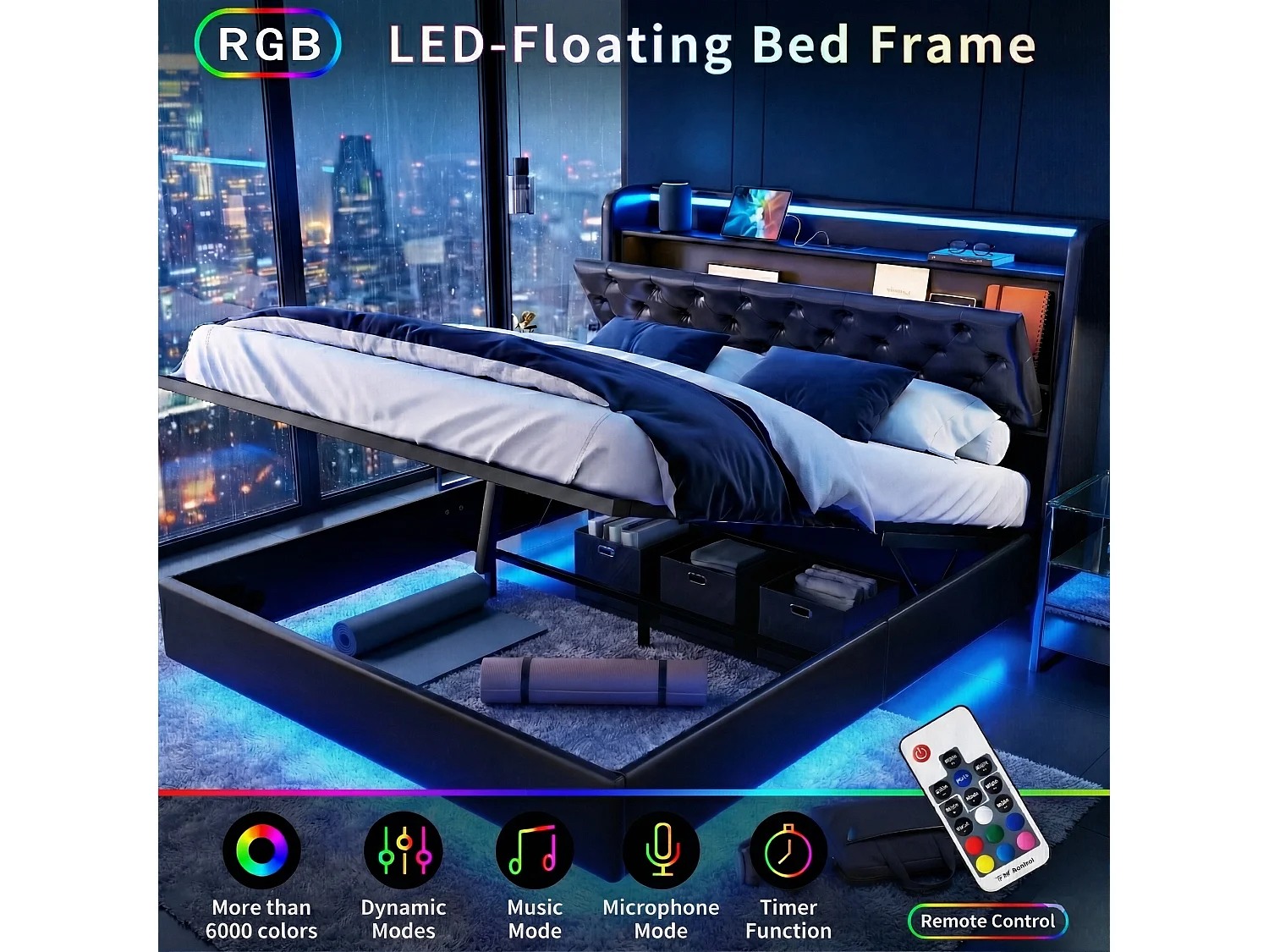 DreamMespace Lit Flottant Coffre 160x200 cm Queen Size - Lit Double avec Tête Rabattable LED & USB-C, Similicuir Noir