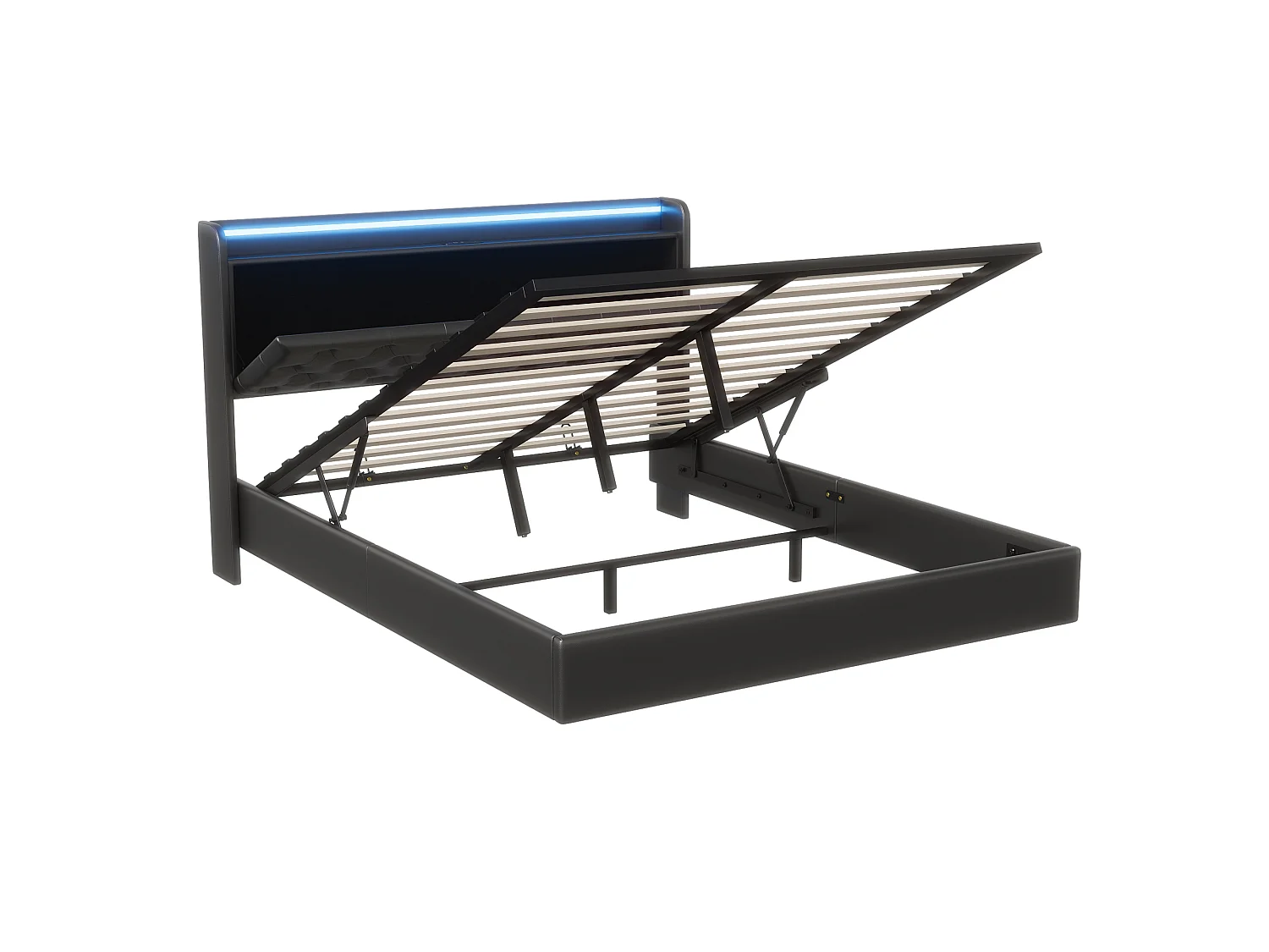 DreamMespace Lit Flottant Coffre 160x200 cm Queen Size - Lit Double avec Tête Rabattable LED & USB-C, Similicuir Noir