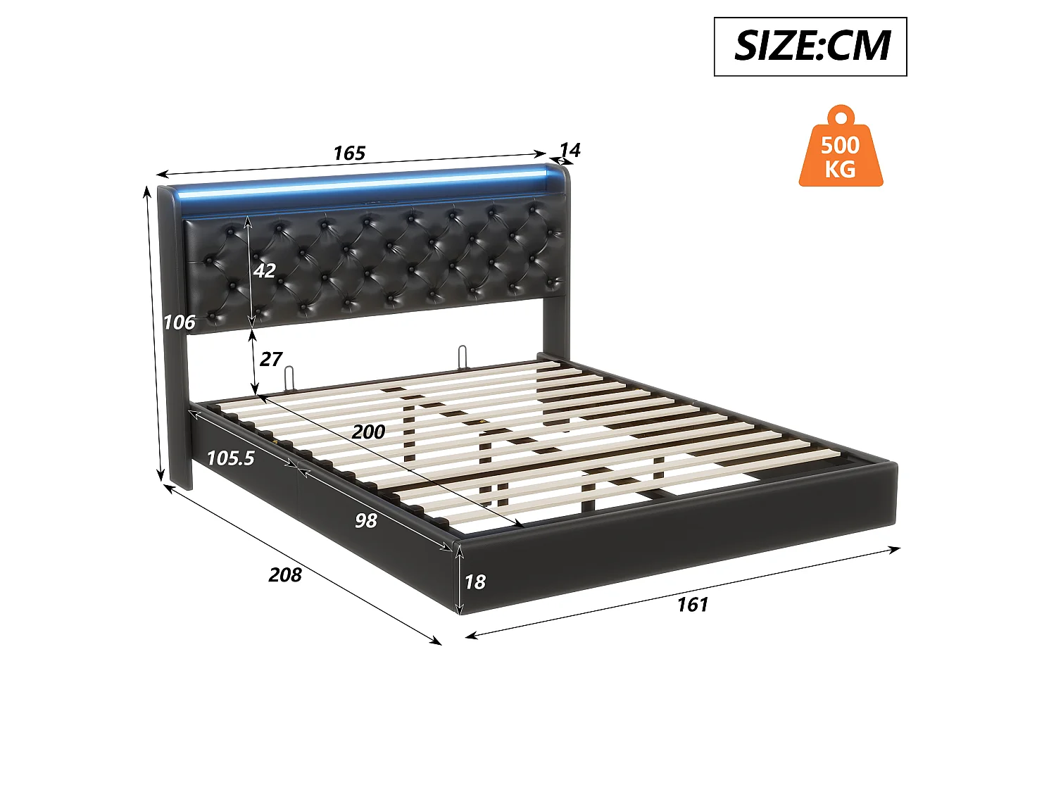 DreamMespace Lit Flottant Coffre 160x200 cm Queen Size - Lit Double avec Tête Rabattable LED & USB-C, Similicuir Noir