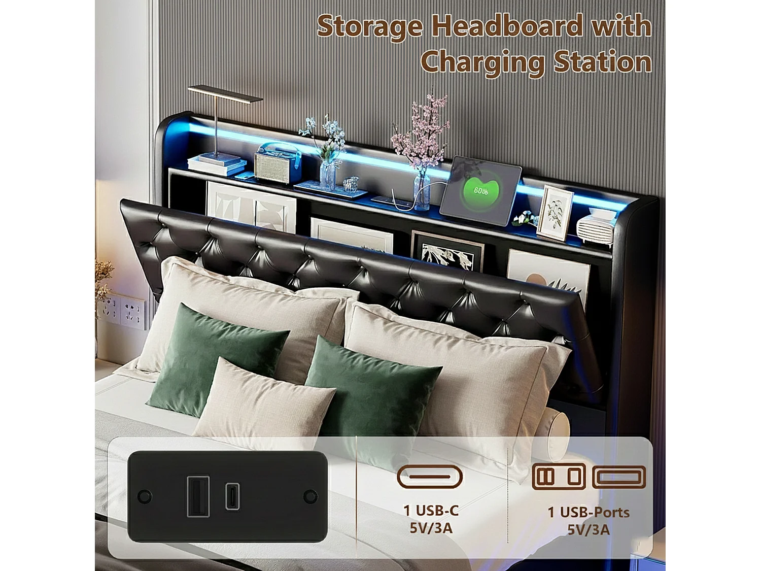 DreamMespace Lit Flottant Coffre 160x200 cm Queen Size - Lit Double avec Tête Rabattable LED & USB-C, Similicuir Noir