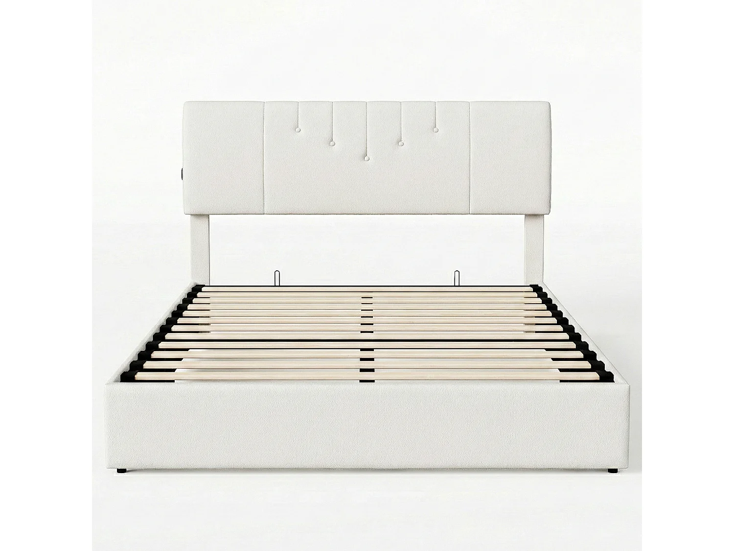 DreamMespace Lit Coffre 140x190 cm - Lit Double Hydraulique avec Ports USB-C Bilatéraux, Tissu Bouclette Blanc Cassé