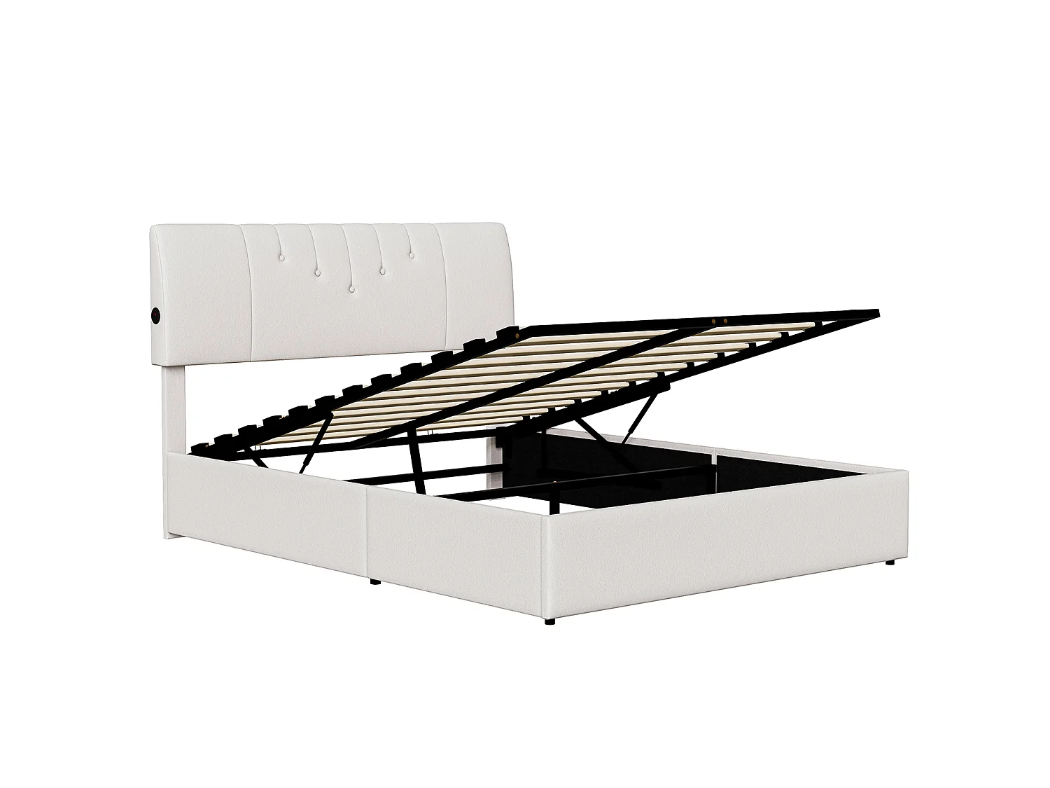 DreamMespace Lit Coffre 140x190 cm - Lit Double Hydraulique avec Ports USB-C Bilatéraux, Tissu Bouclette Blanc Cassé
