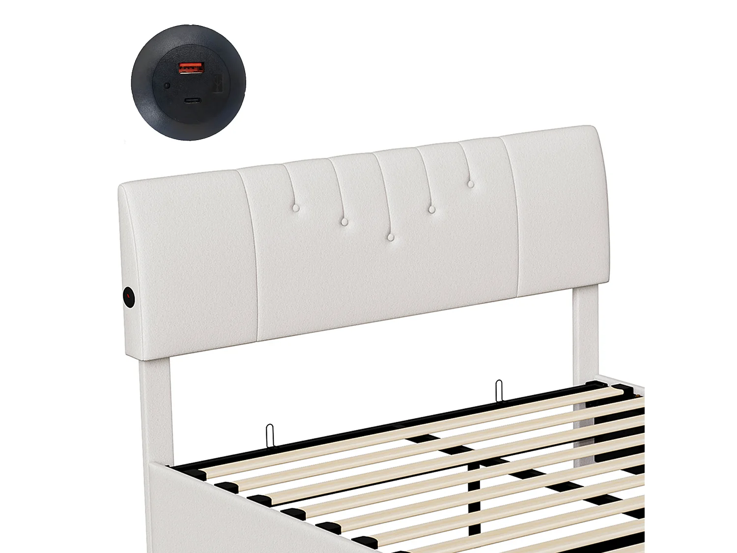 DreamMespace Lit Coffre 140x190 cm - Lit Double Hydraulique avec Ports USB-C Bilatéraux, Tissu Bouclette Blanc Cassé