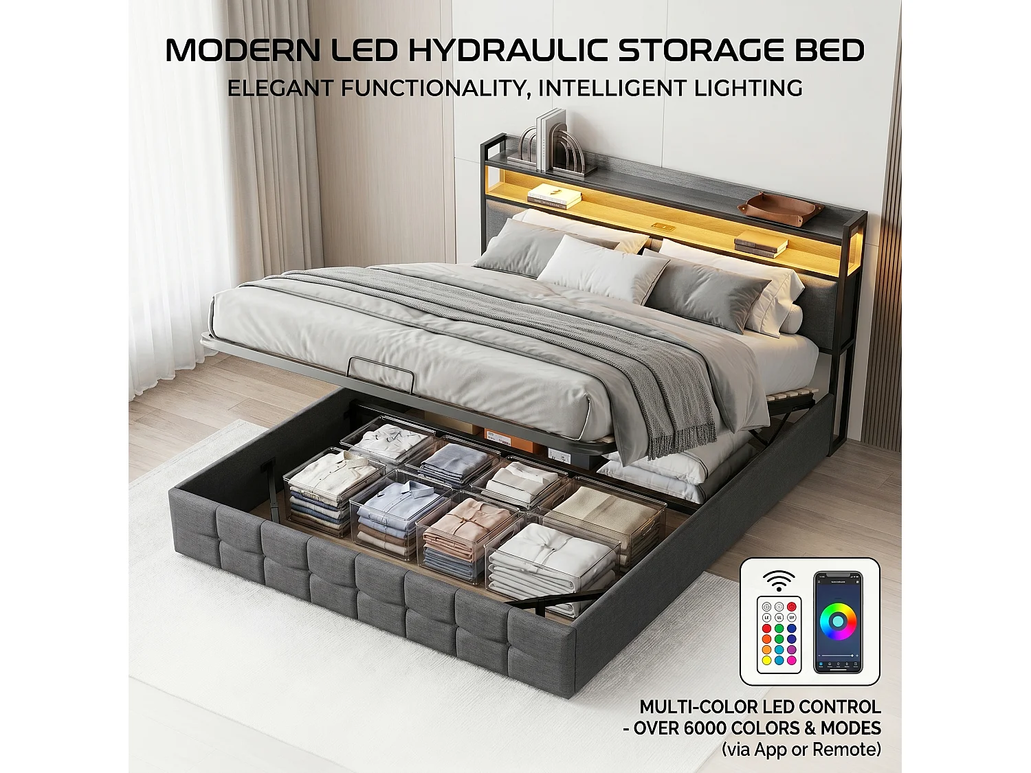 DreamMespace Lit Coffre 160x200 cm Queen Size - Lit Double Hydraulique avec Tête de Lit LED & USB-C, Tissu Lin Gris