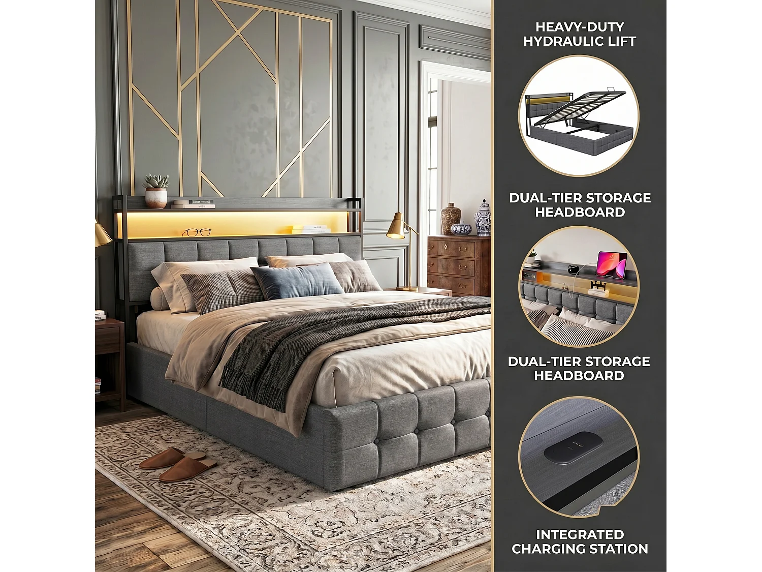 DreamMespace Lit Coffre 160x200 cm Queen Size - Lit Double Hydraulique avec Tête de Lit LED & USB-C, Tissu Lin Gris