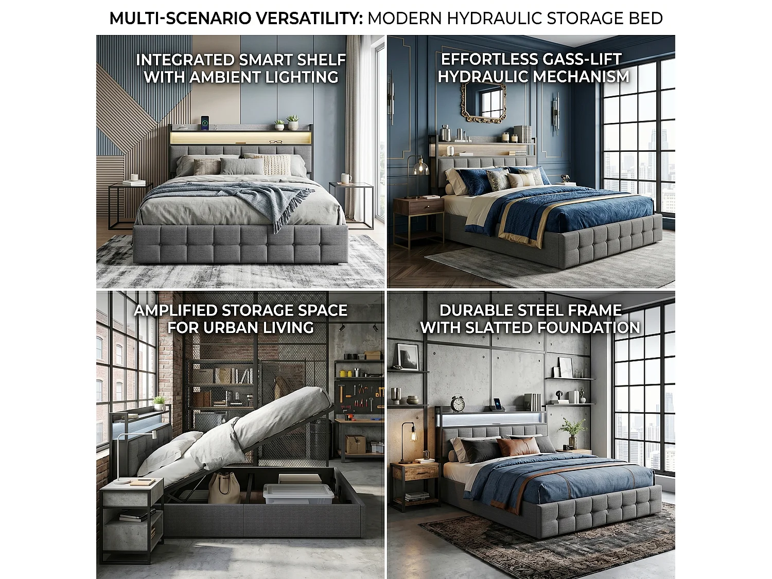 DreamMespace Lit Coffre 160x200 cm Queen Size - Lit Double Hydraulique avec Tête de Lit LED & USB-C, Tissu Lin Gris