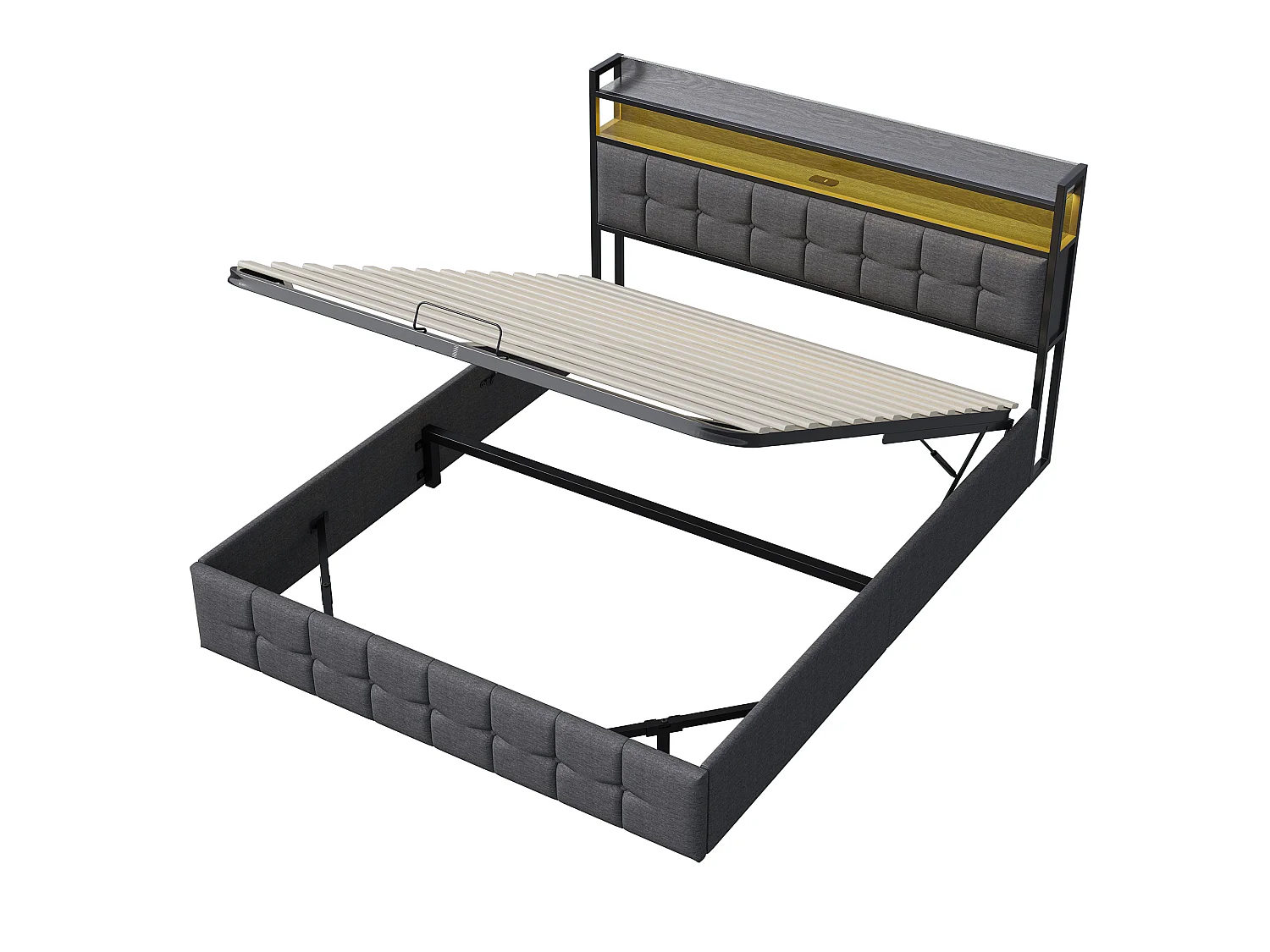 DreamMespace Lit Coffre 160x200 cm Queen Size - Lit Double Hydraulique avec Tête de Lit LED & USB-C, Tissu Lin Gris