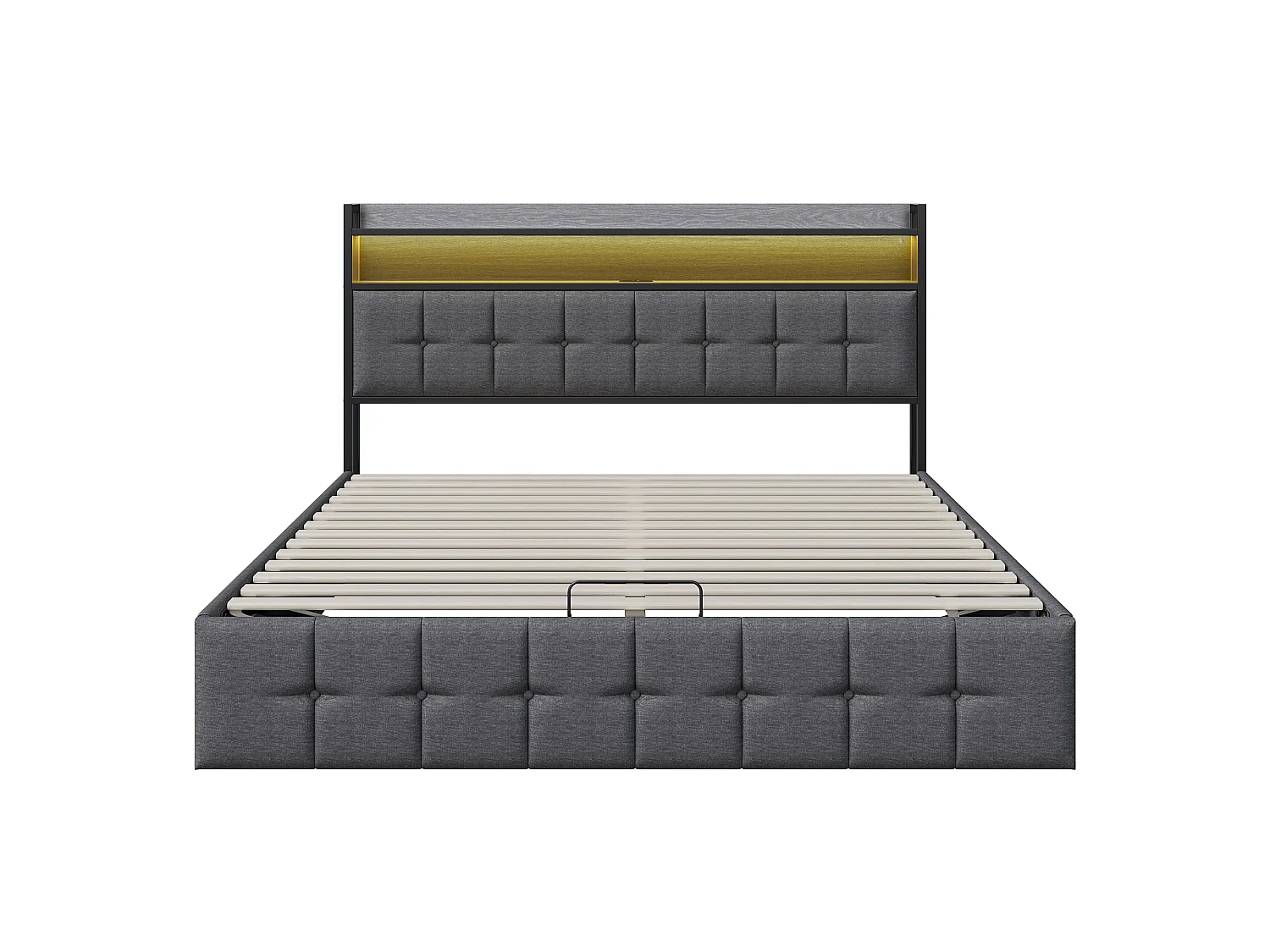 DreamMespace Lit Coffre 160x200 cm Queen Size - Lit Double Hydraulique avec Tête de Lit LED & USB-C, Tissu Lin Gris