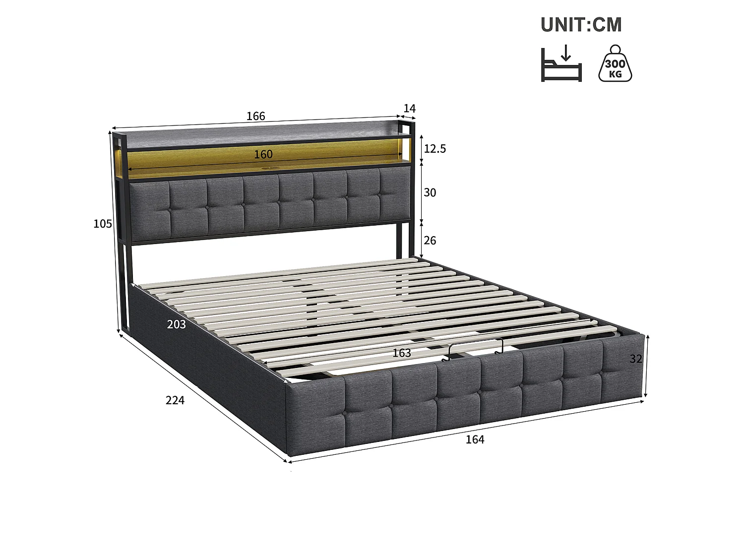 DreamMespace Lit Coffre 160x200 cm Queen Size - Lit Double Hydraulique avec Tête de Lit LED & USB-C, Tissu Lin Gris