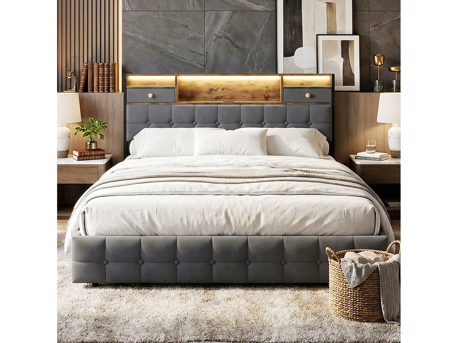 DreamMespace Lit Coffre 140x200 cm - Lit Double Hydraulique avec Rangement Tête de Lit LED & USB-C, Velours Gris