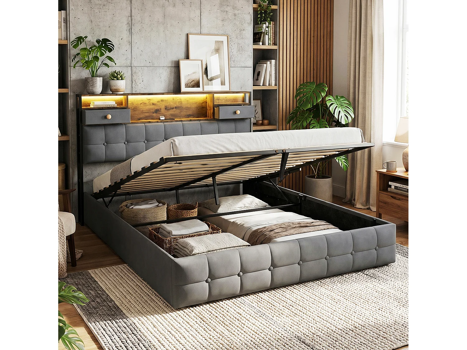 DreamMespace Lit Coffre 140x200 cm - Lit Double Hydraulique avec Rangement Tête de Lit LED & USB-C, Velours Gris