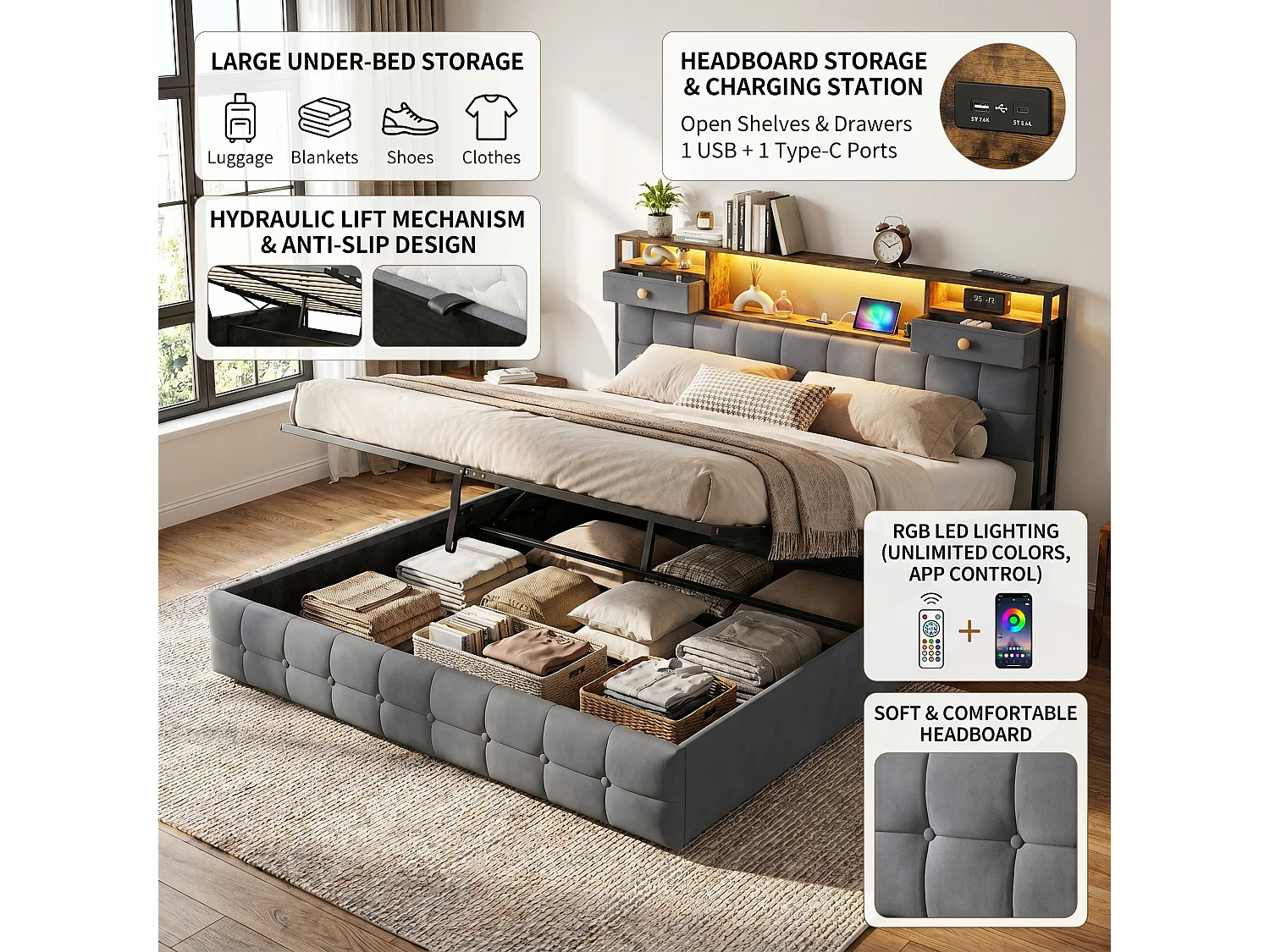 DreamMespace Lit Coffre 140x200 cm - Lit Double Hydraulique avec Rangement Tête de Lit LED & USB-C, Velours Gris