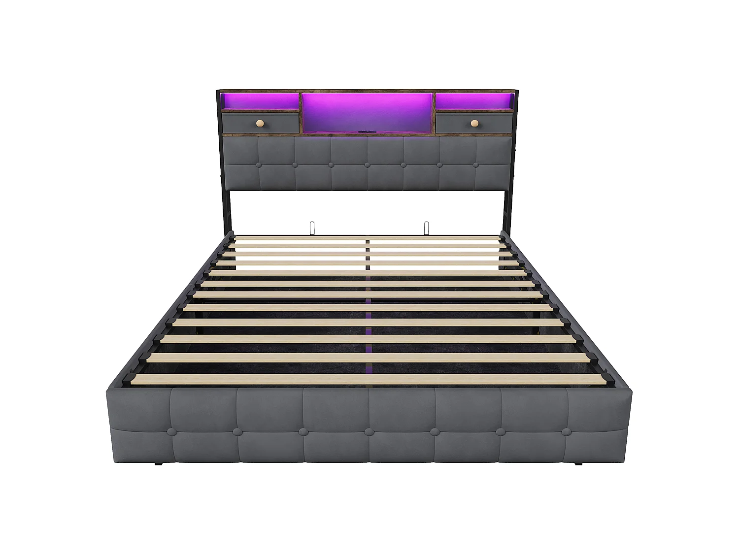 DreamMespace Lit Coffre 140x200 cm - Lit Double Hydraulique avec Rangement Tête de Lit LED & USB-C, Velours Gris