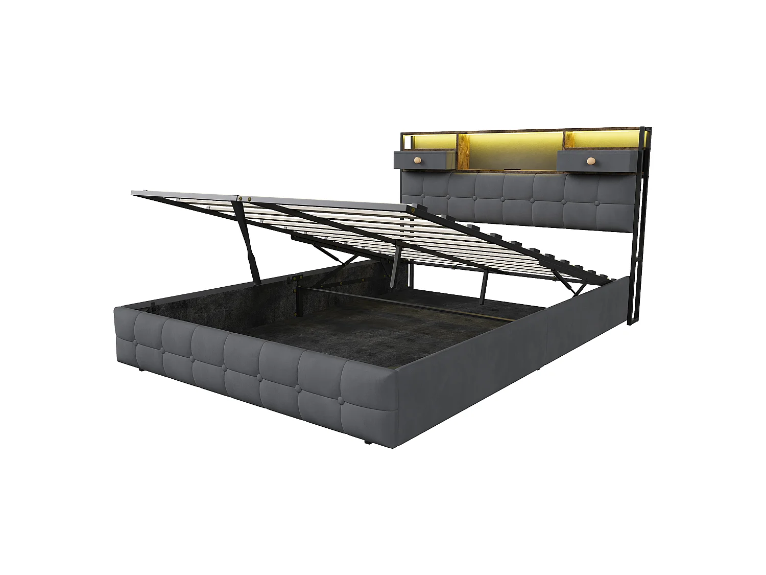 DreamMespace Lit Coffre 140x200 cm - Lit Double Hydraulique avec Rangement Tête de Lit LED & USB-C, Velours Gris