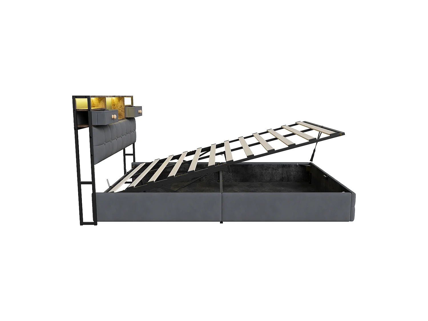 DreamMespace Lit Coffre 140x200 cm - Lit Double Hydraulique avec Rangement Tête de Lit LED & USB-C, Velours Gris
