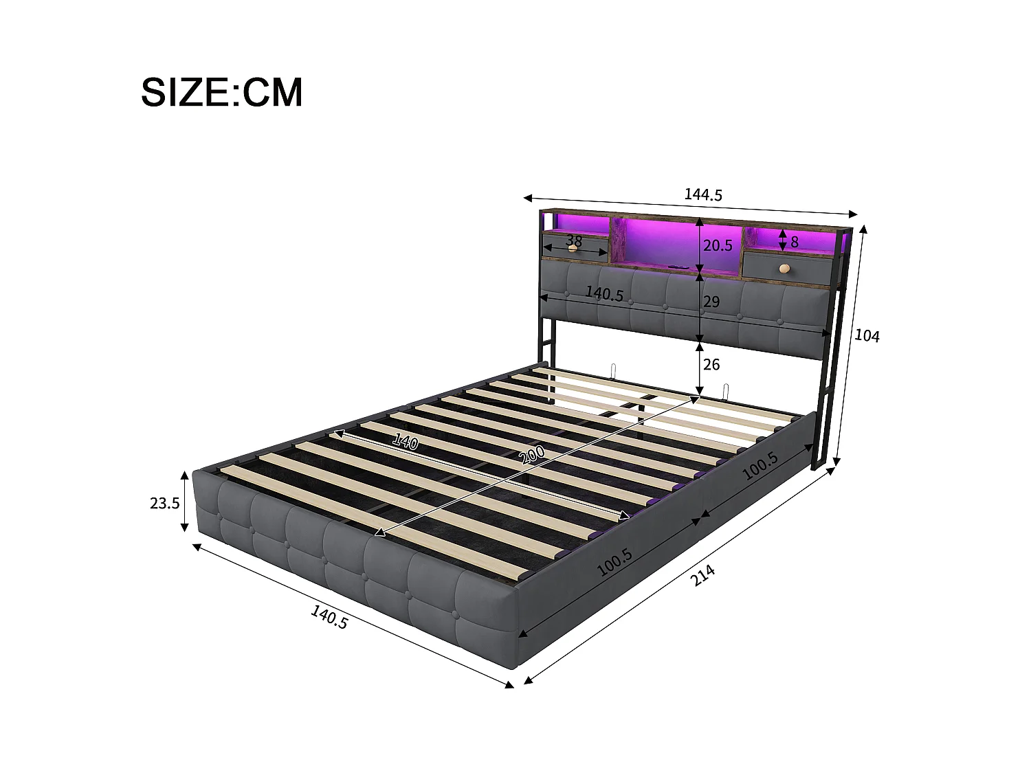 DreamMespace Lit Coffre 140x200 cm - Lit Double Hydraulique avec Rangement Tête de Lit LED & USB-C, Velours Gris