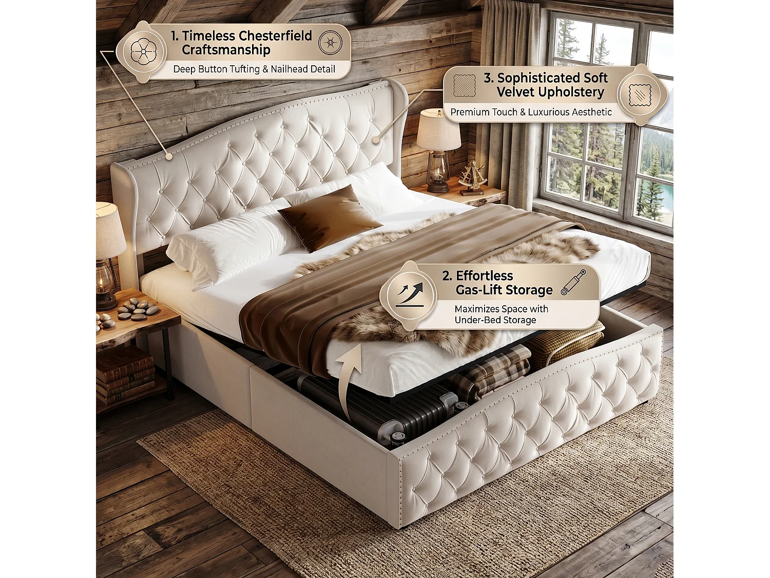DreamMespace Lit Coffre 160x200 cm - Rangement Hydraulique avec Tête de Lit Vague & Rivets, Velours Beige