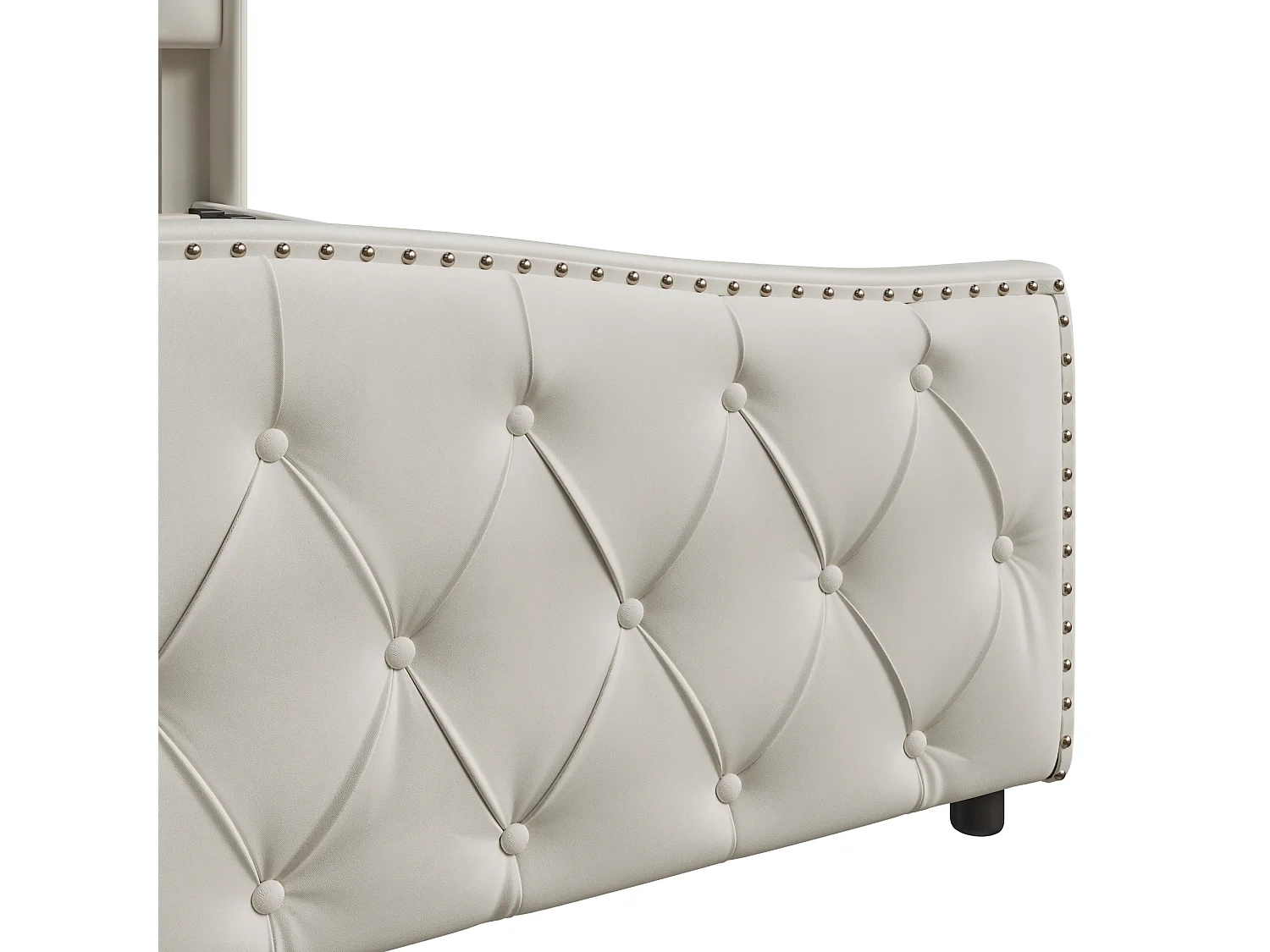 DreamMespace Lit Coffre 160x200 cm - Rangement Hydraulique avec Tête de Lit Vague & Rivets, Velours Beige