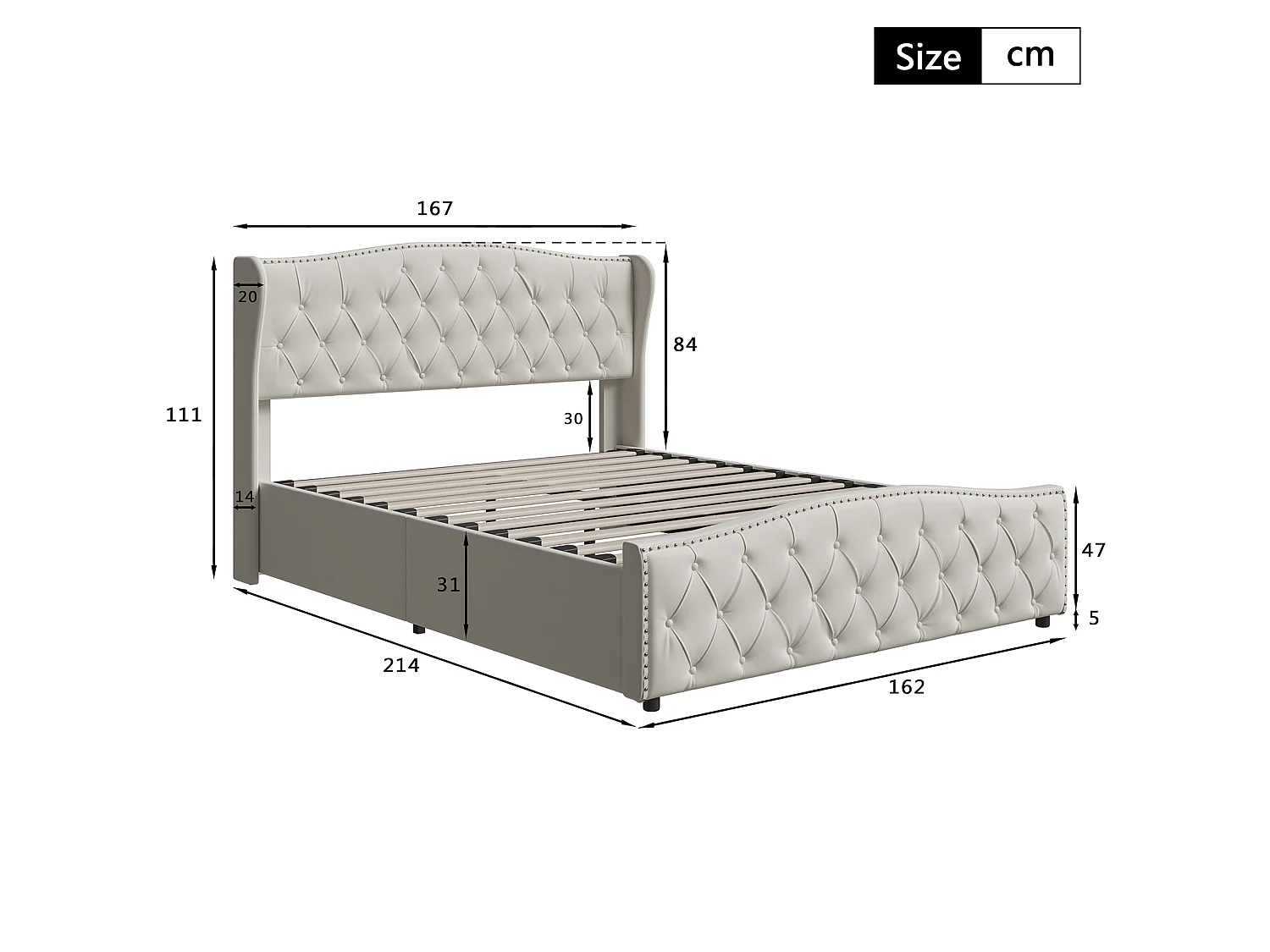 DreamMespace Lit Coffre 160x200 cm - Rangement Hydraulique avec Tête de Lit Vague & Rivets, Velours Beige