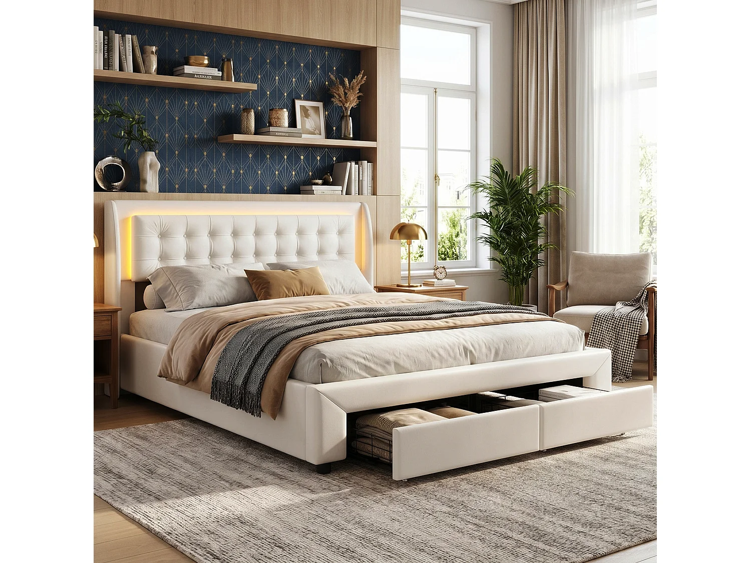 DreamMespace Lit Coffre 180x200 cm King Size avec 2 Tiroirs - Lit Double Hydraulique avec LED, Velours Beige