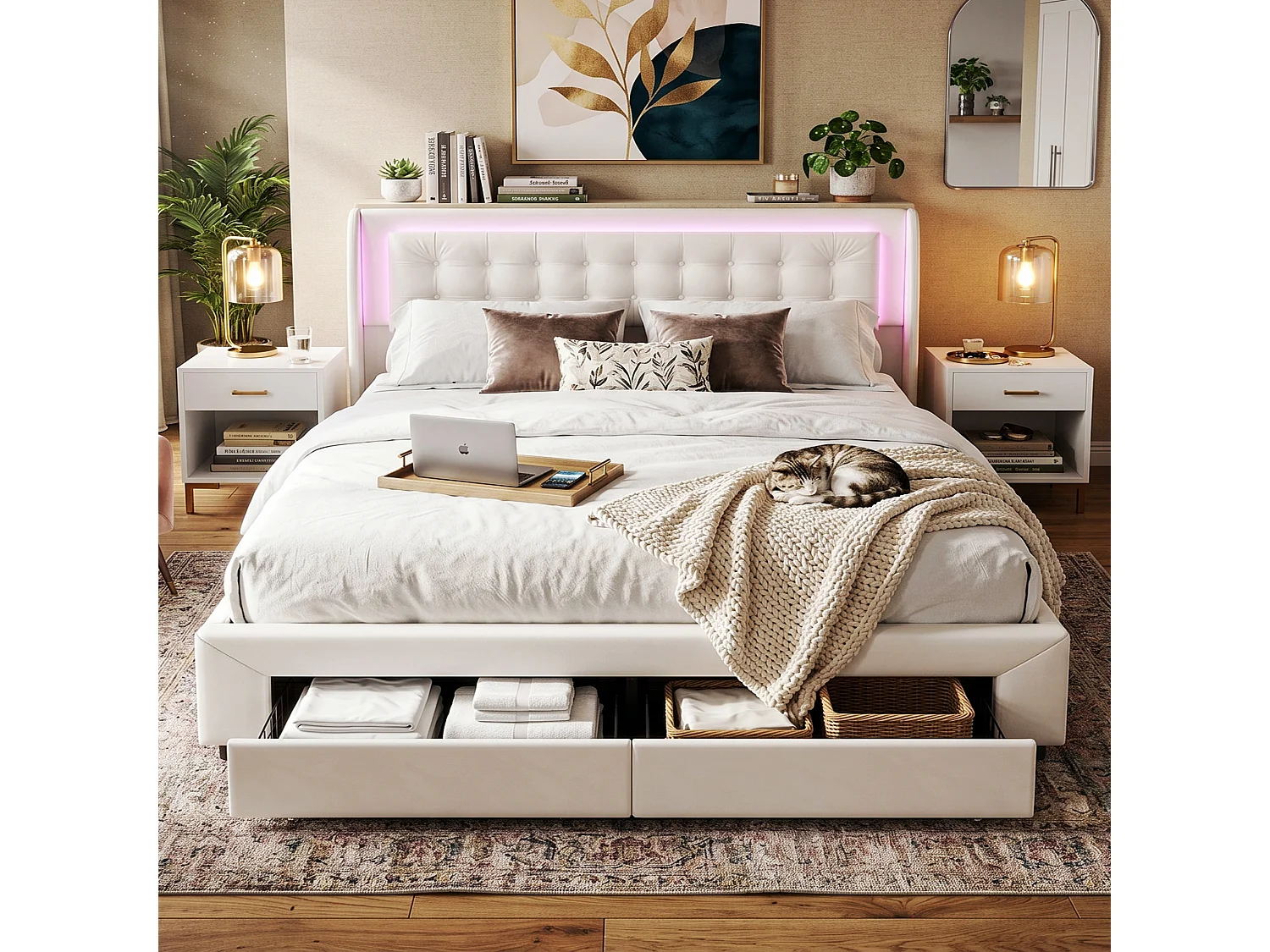 DreamMespace Lit Coffre 180x200 cm King Size avec 2 Tiroirs - Lit Double Hydraulique avec LED, Velours Beige