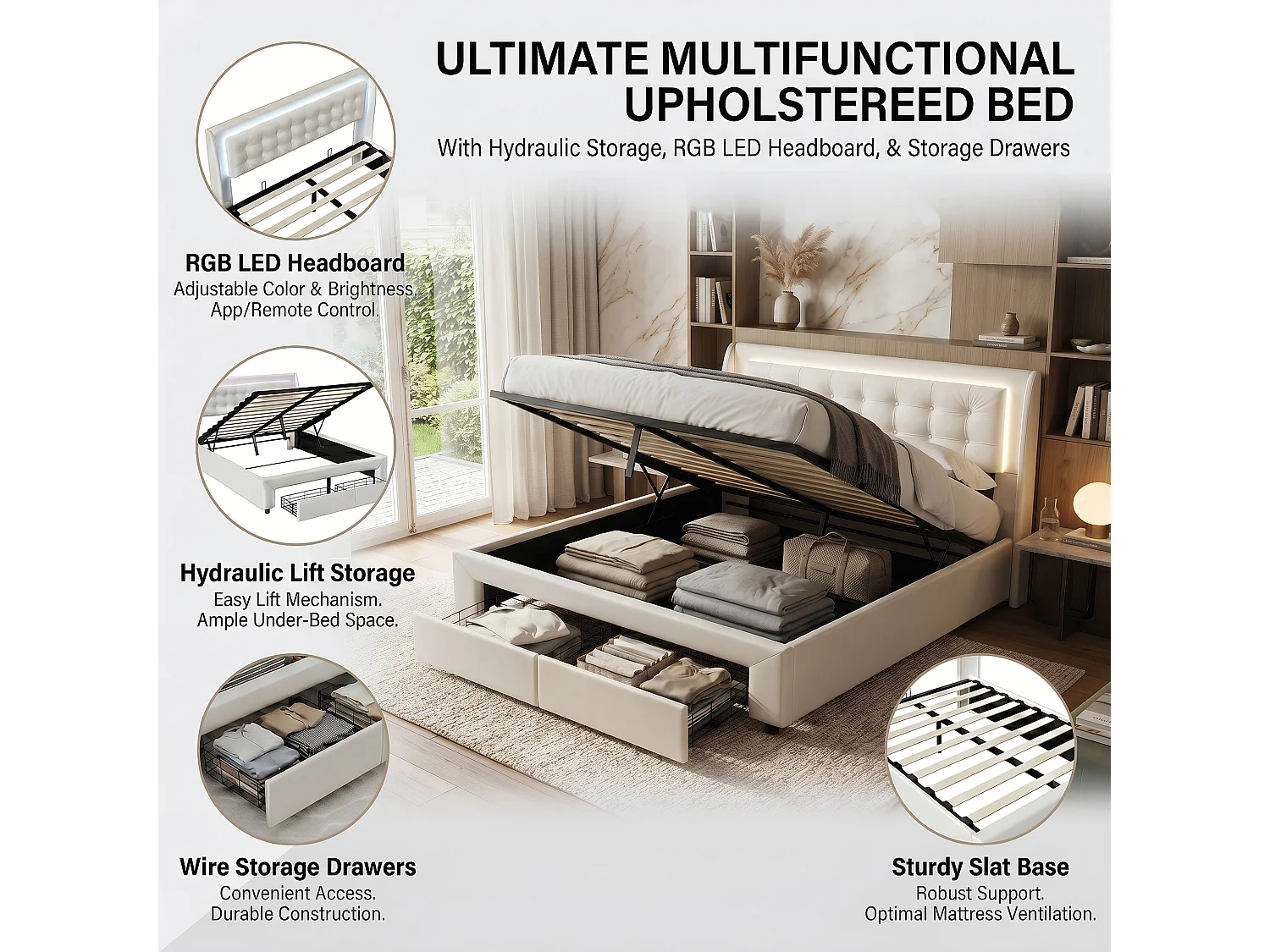 DreamMespace Lit Coffre 180x200 cm King Size avec 2 Tiroirs - Lit Double Hydraulique avec LED, Velours Beige