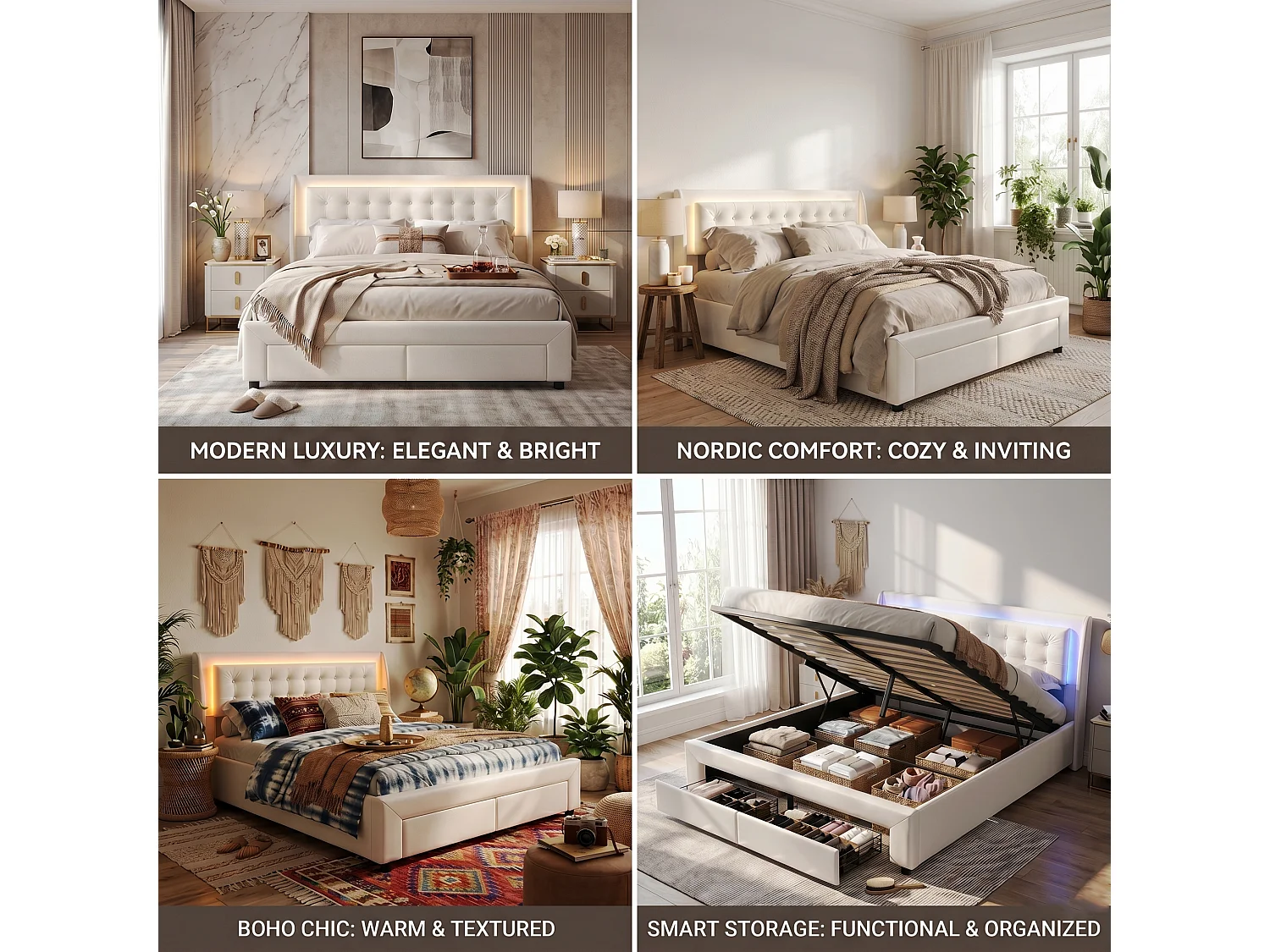 DreamMespace Lit Coffre 180x200 cm King Size avec 2 Tiroirs - Lit Double Hydraulique avec LED, Velours Beige